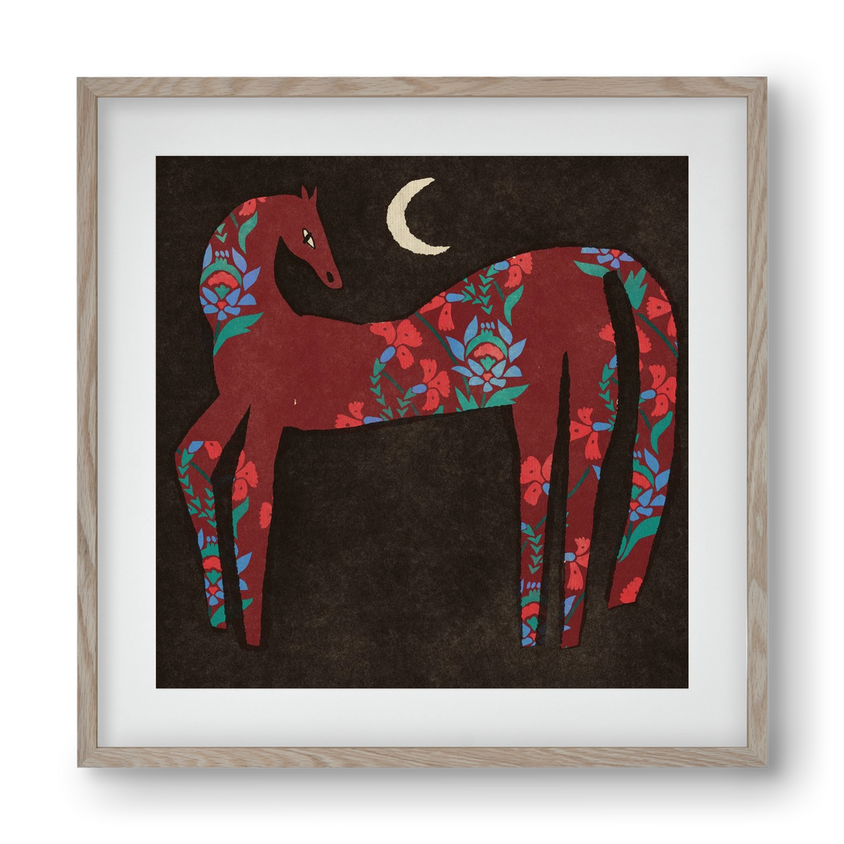 Black flower horse, 40x40 cm (30x30 cm), Tölgy keret, paszpartuval