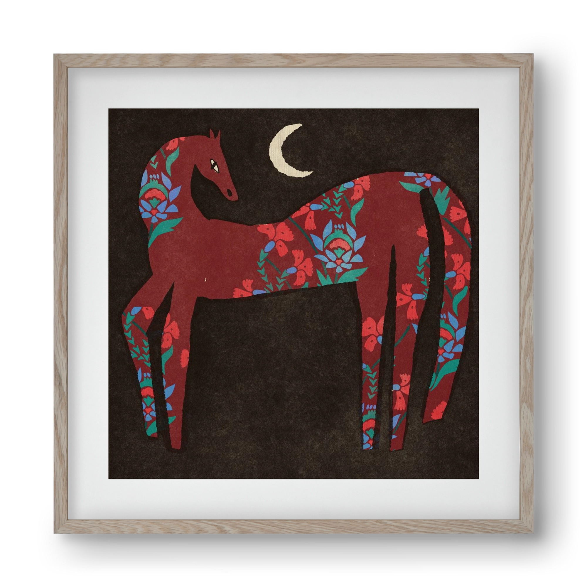 Black flower horse, 40x40 cm (30x30 cm), Tölgy keret, paszpartuval