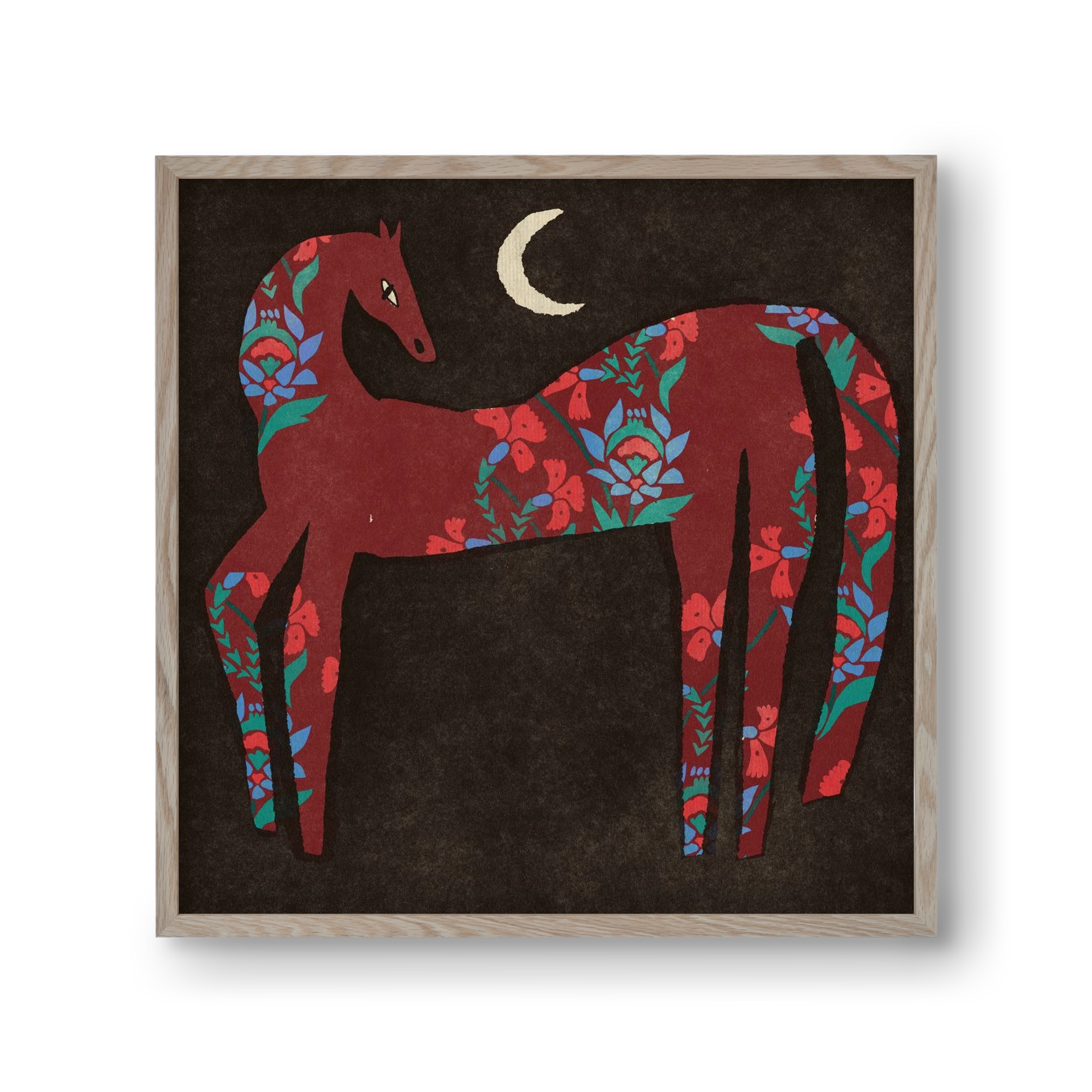 Black flower horse, 30x30 cm (30x30 cm), Tölgy keret