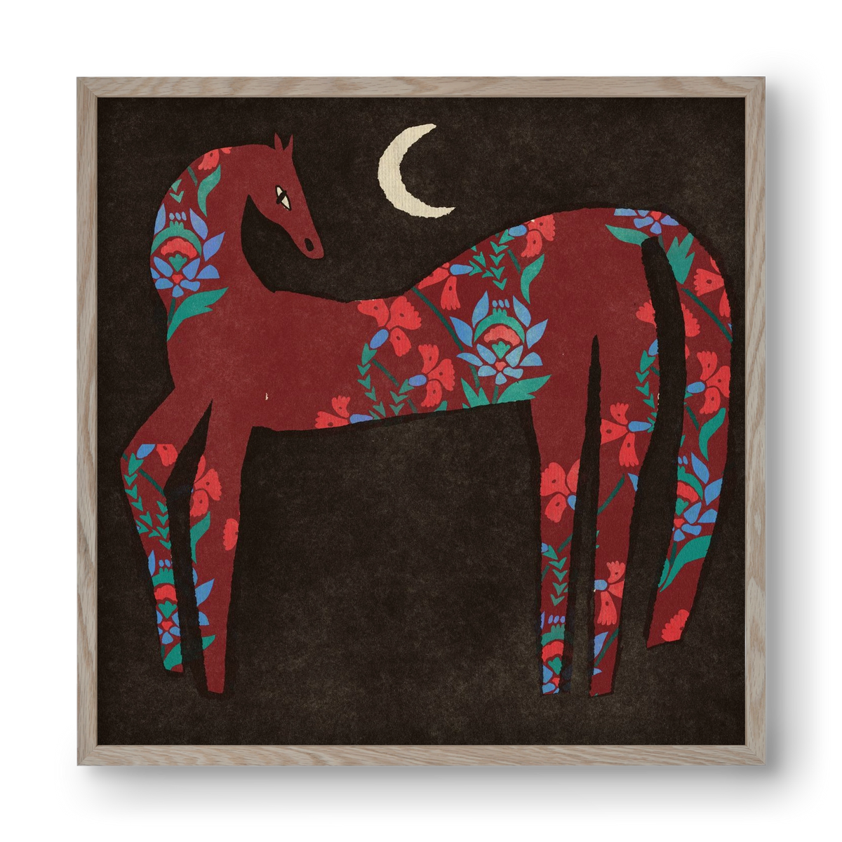 Black flower horse, 40x40 cm (40x40 cm), Tölgy keret