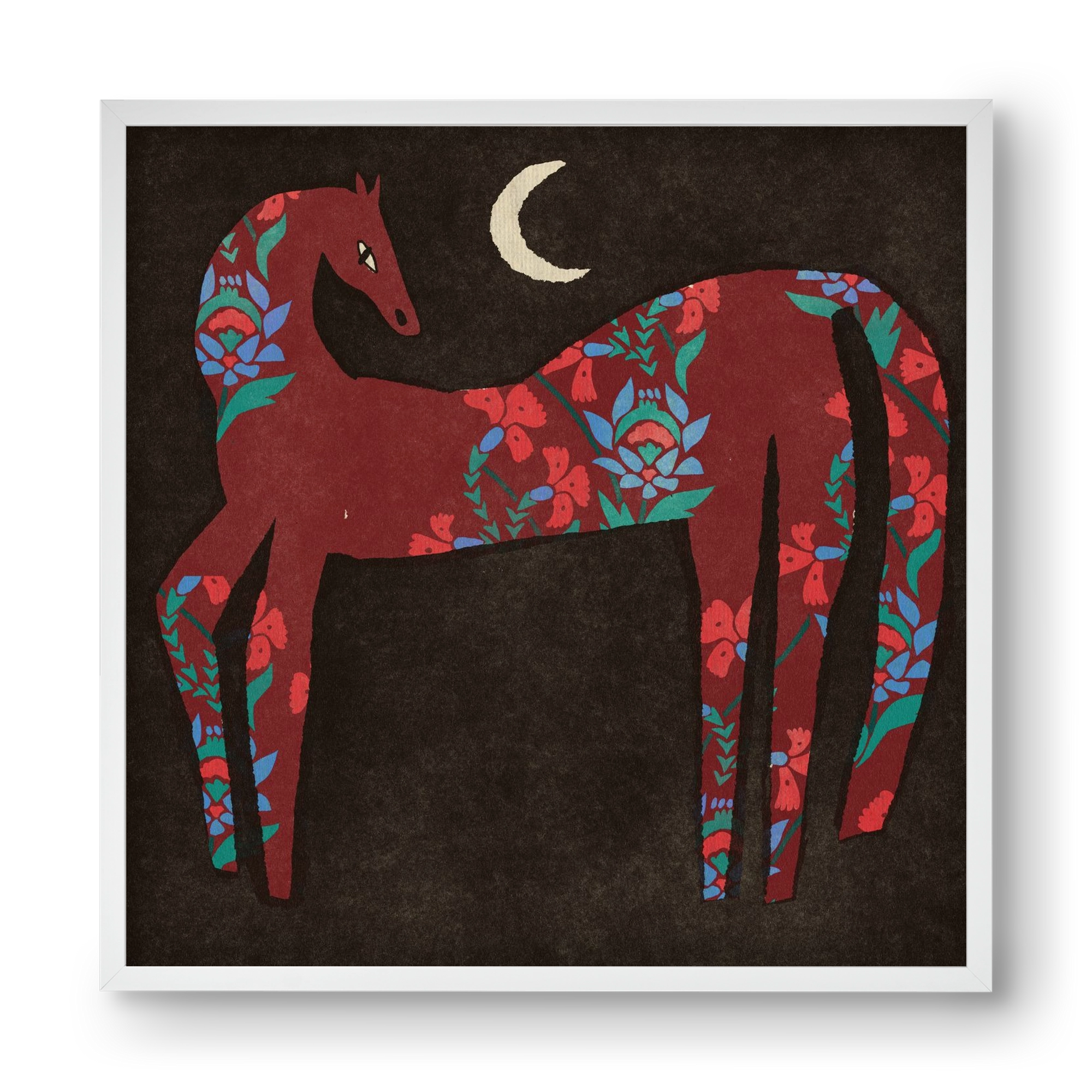 Black flower horse, 40x40 cm (40x40 cm), Fehér keret