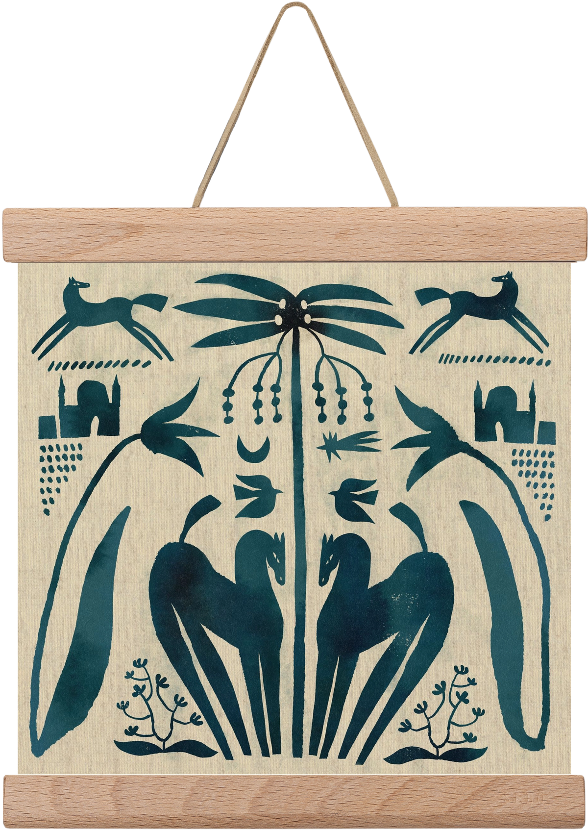 Horses under palm tree, 20x20 cm (20x20 cm), Tölgy akasztó