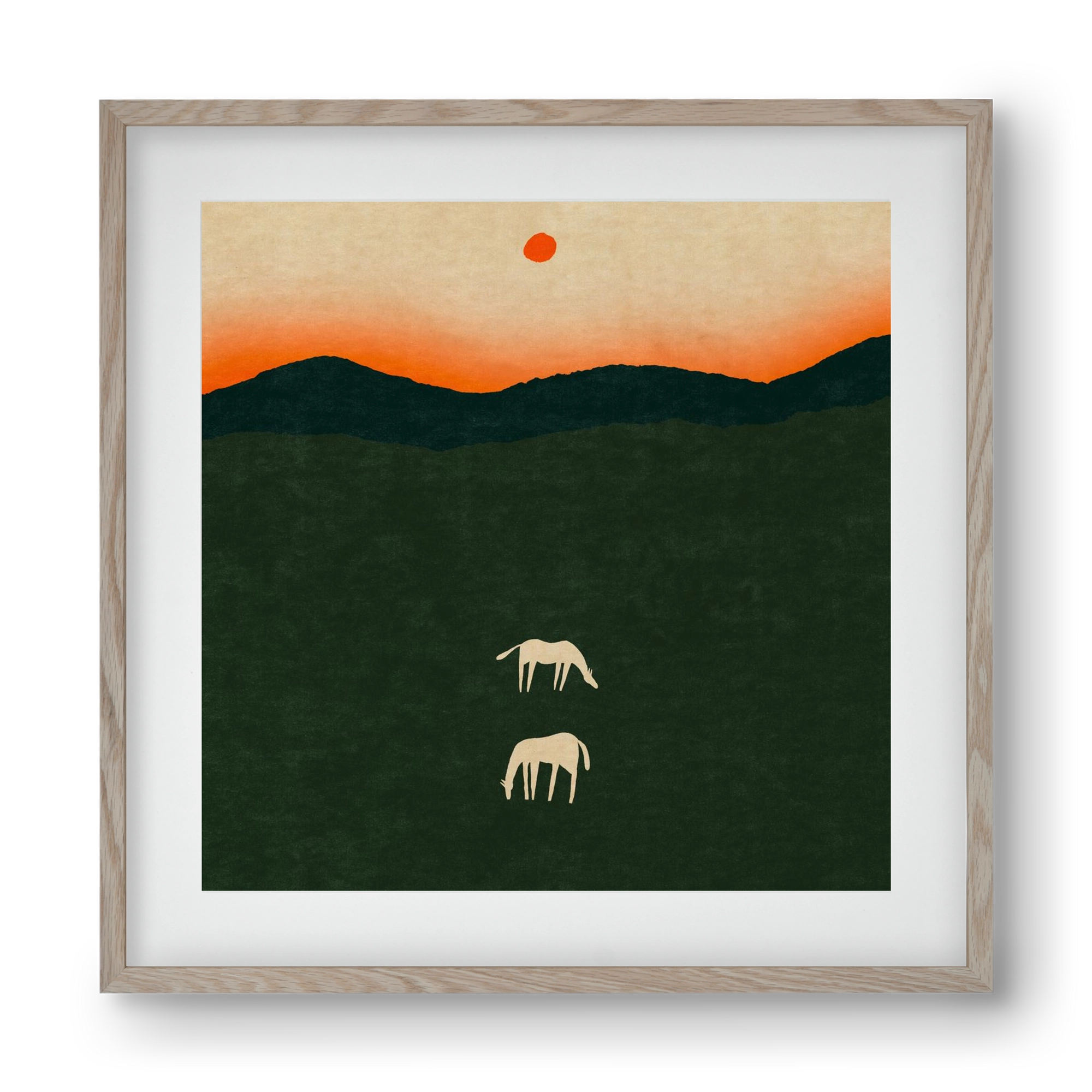 Horses at dawn no 2., 40x40 cm (30x30 cm), Tölgy keret, paszpartuval