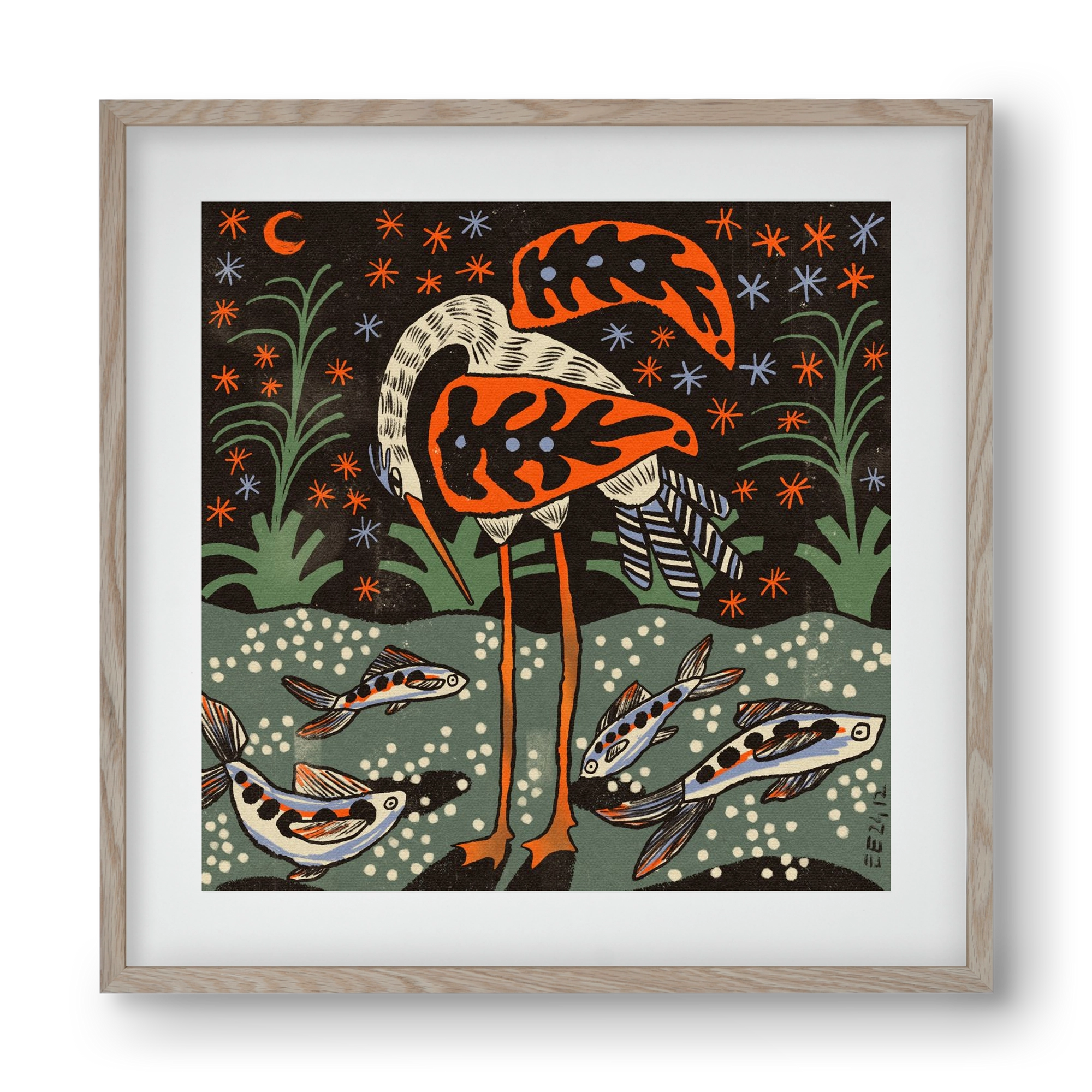 Magic waterbird, 40x40 cm (30x30 cm), Tölgy keret, paszpartuval