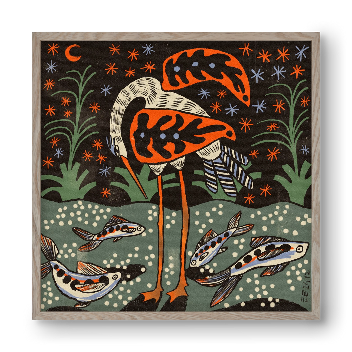 Magic waterbird, 40x40 cm (40x40 cm), Tölgy keret