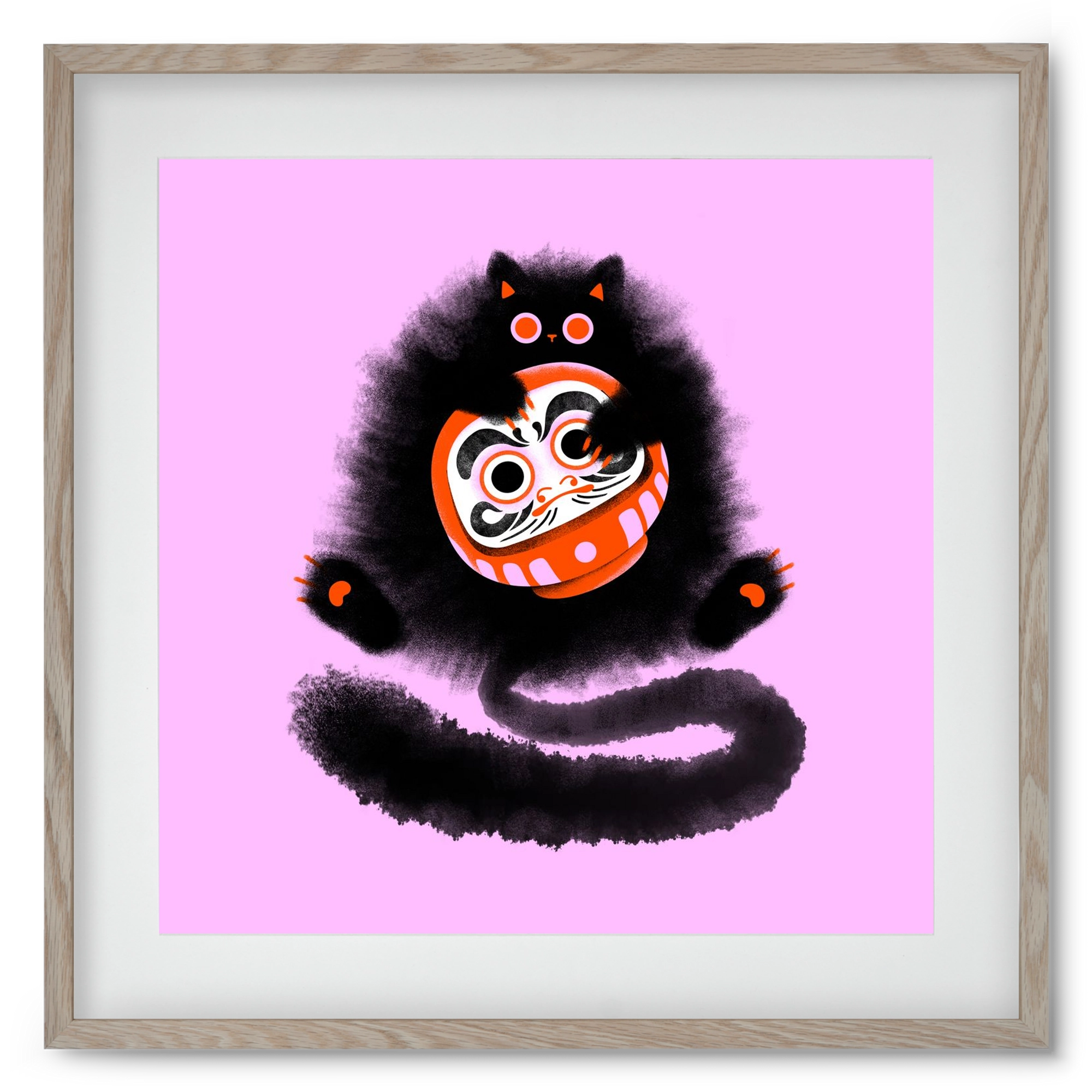 Daruma cat, 50x50 cm (40x40 cm), Tölgy keret, paszpartuval