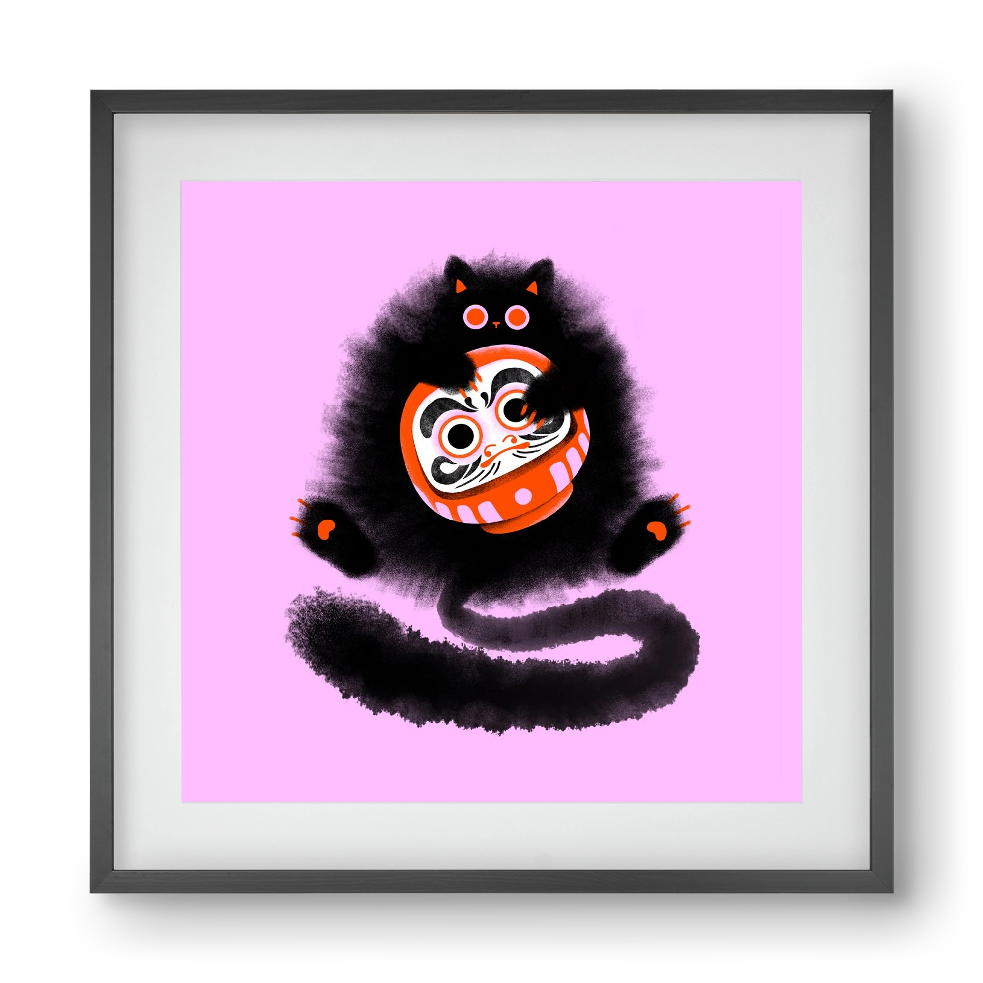 Daruma cat, 40x40 cm (30x30 cm), Fekete keret, paszpartuval