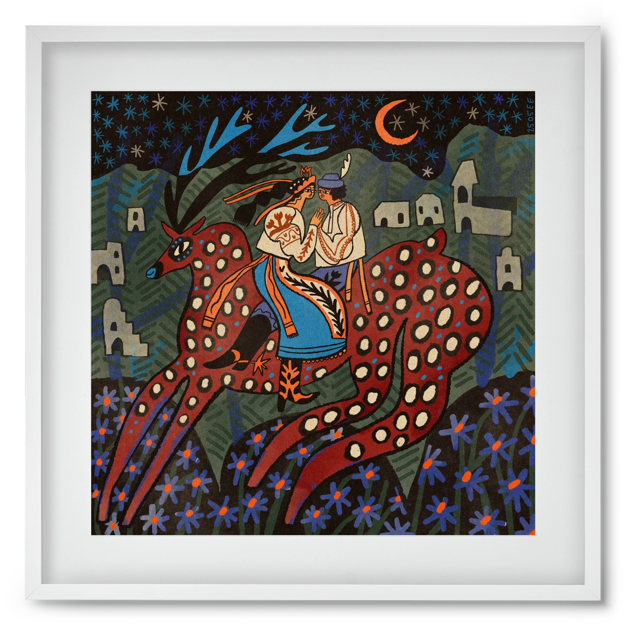 Folk deer, 50x50 cm (40x40 cm), Fehér keret, paszpartuval