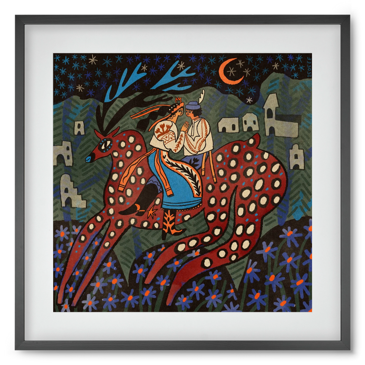 Folk deer, 50x50 cm (40x40 cm), Fekete keret, paszpartuval