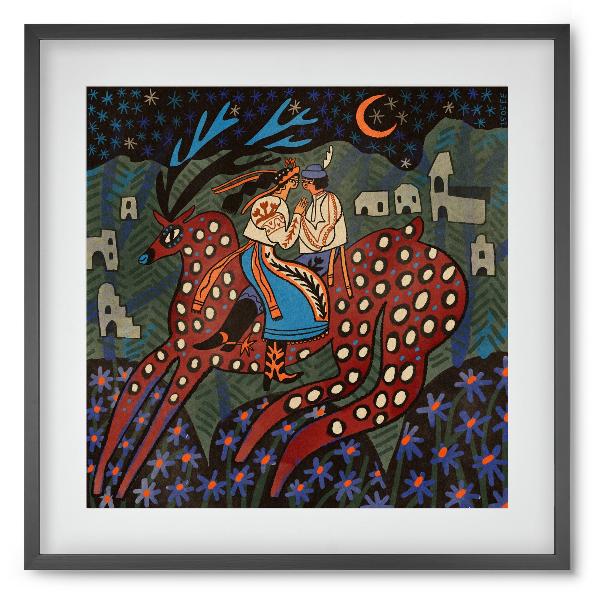 Folk deer, 50x50 cm (40x40 cm), Fekete keret, paszpartuval