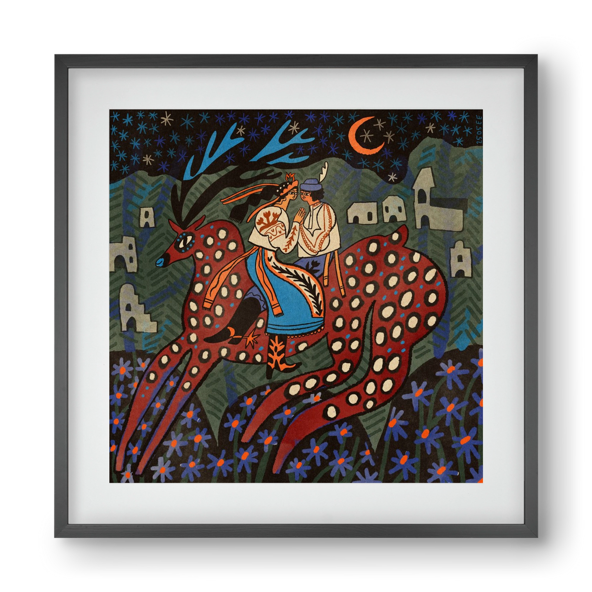 Folk deer, 40x40 cm (30x30 cm), Fekete keret, paszpartuval