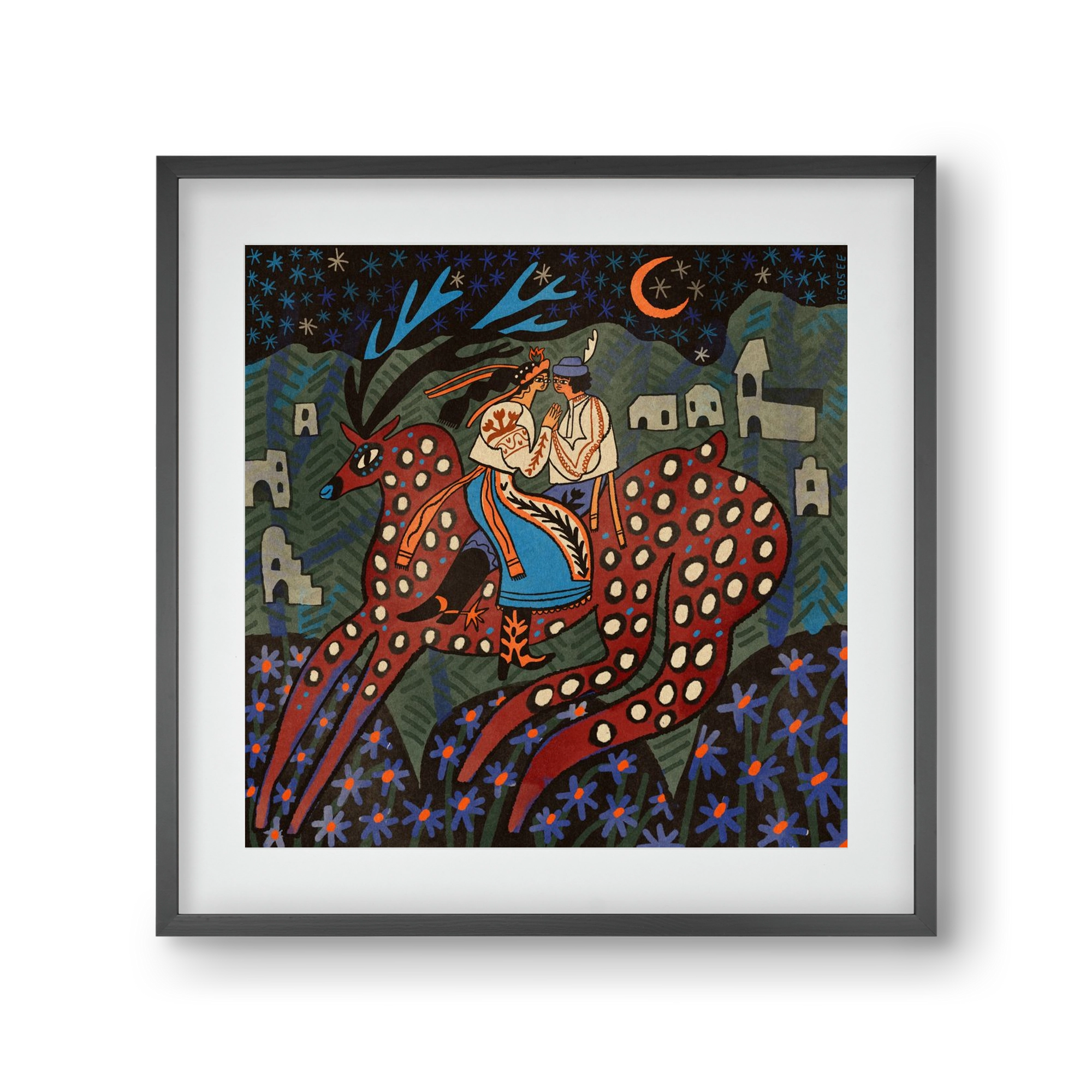 Folk deer, 30x30 cm (20x20 cm), Fekete keret, paszpartuval