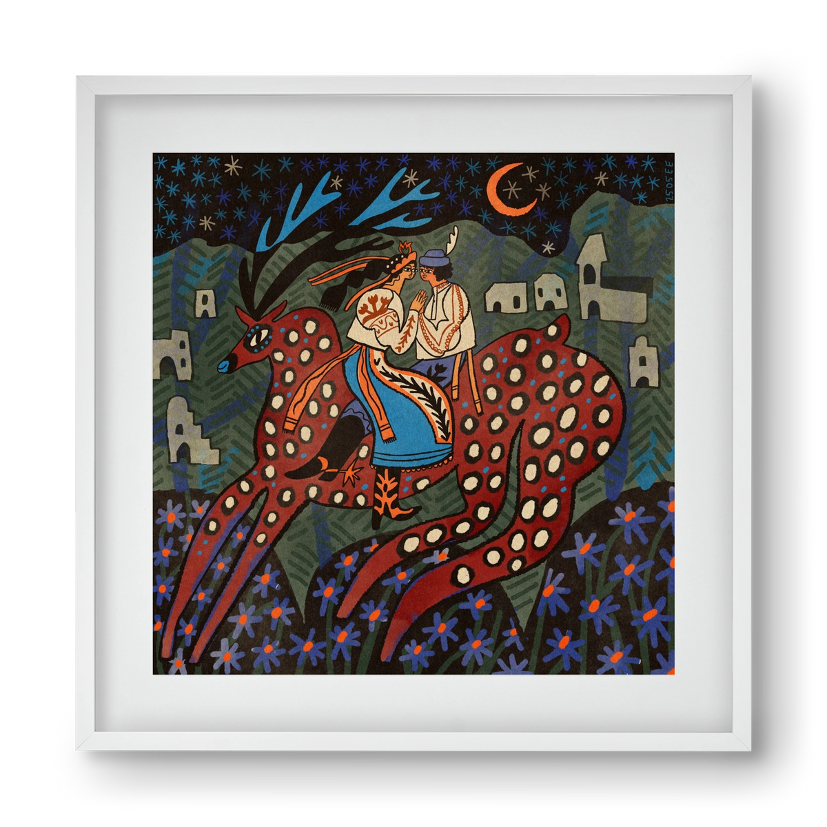 Folk deer, 40x40 cm (30x30 cm), Fehér keret, paszpartuval