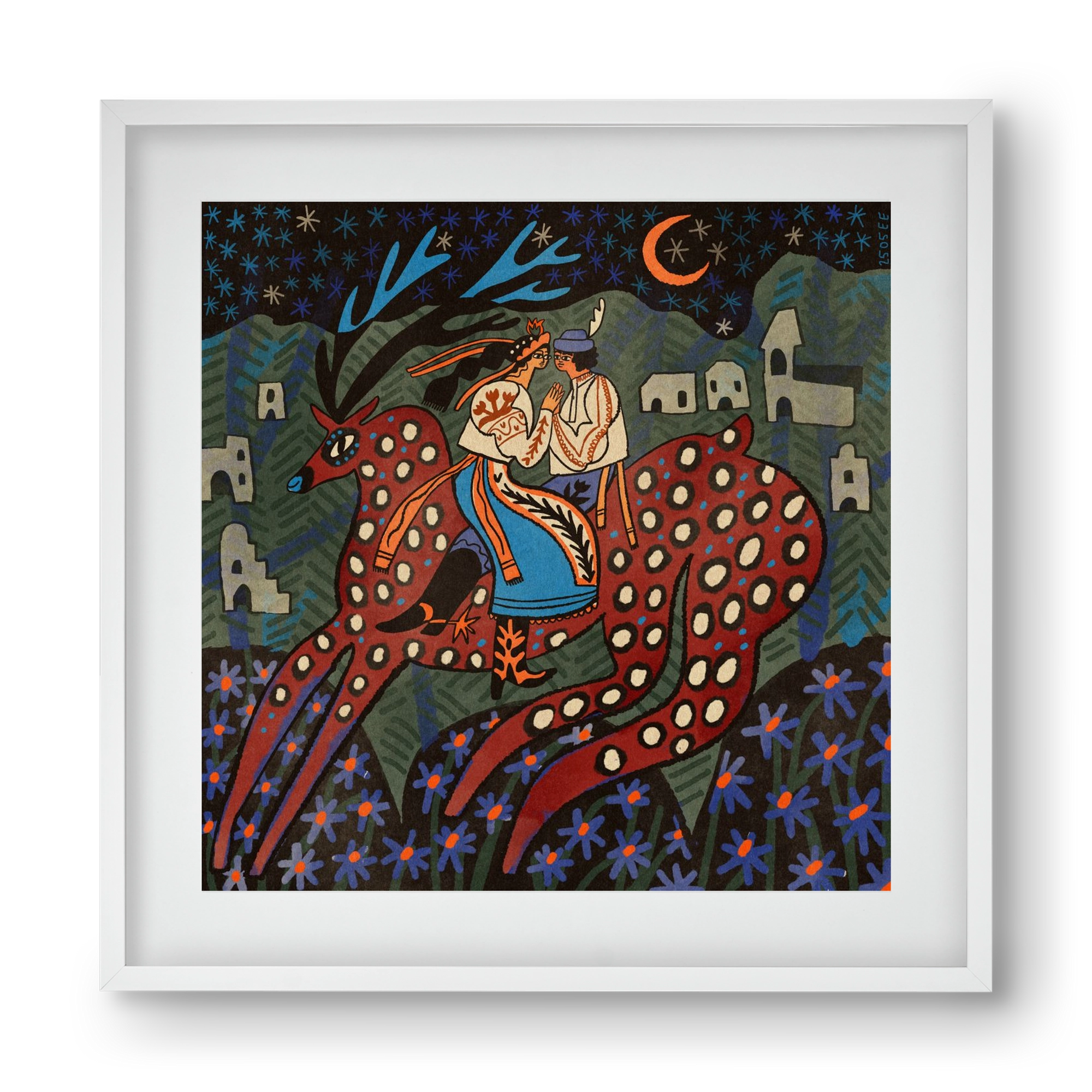 Folk deer, 40x40 cm (30x30 cm), Fehér keret, paszpartuval