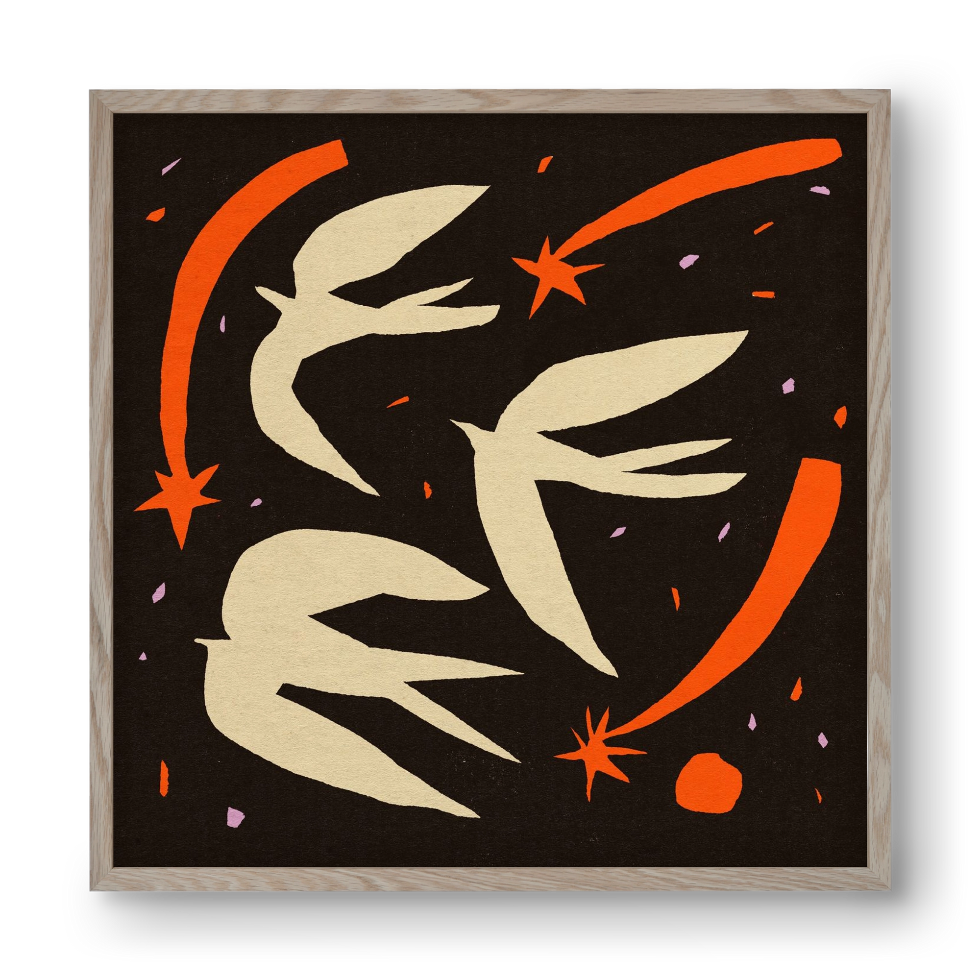 Birds on night sky, 40x40 cm (40x40 cm), Tölgy keret