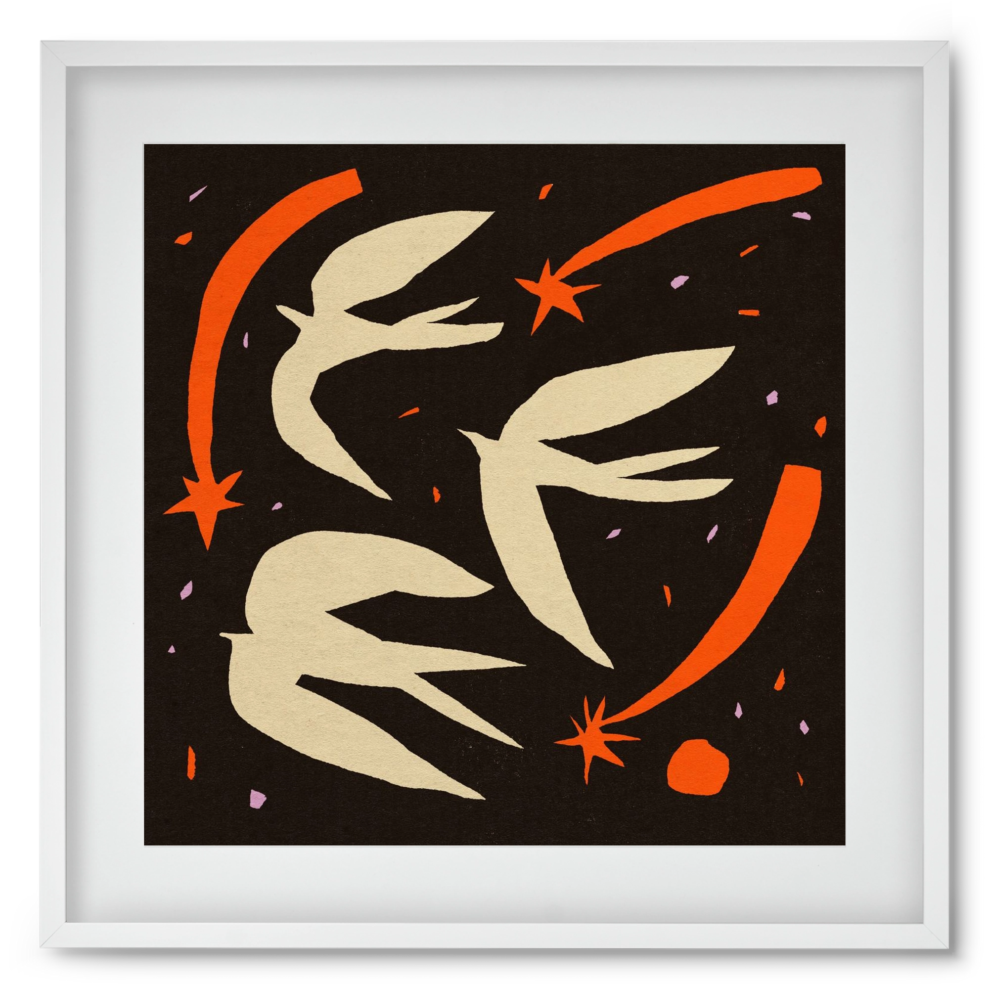 Birds on night sky, 50x50 cm (40x40 cm), Fehér keret, paszpartuval