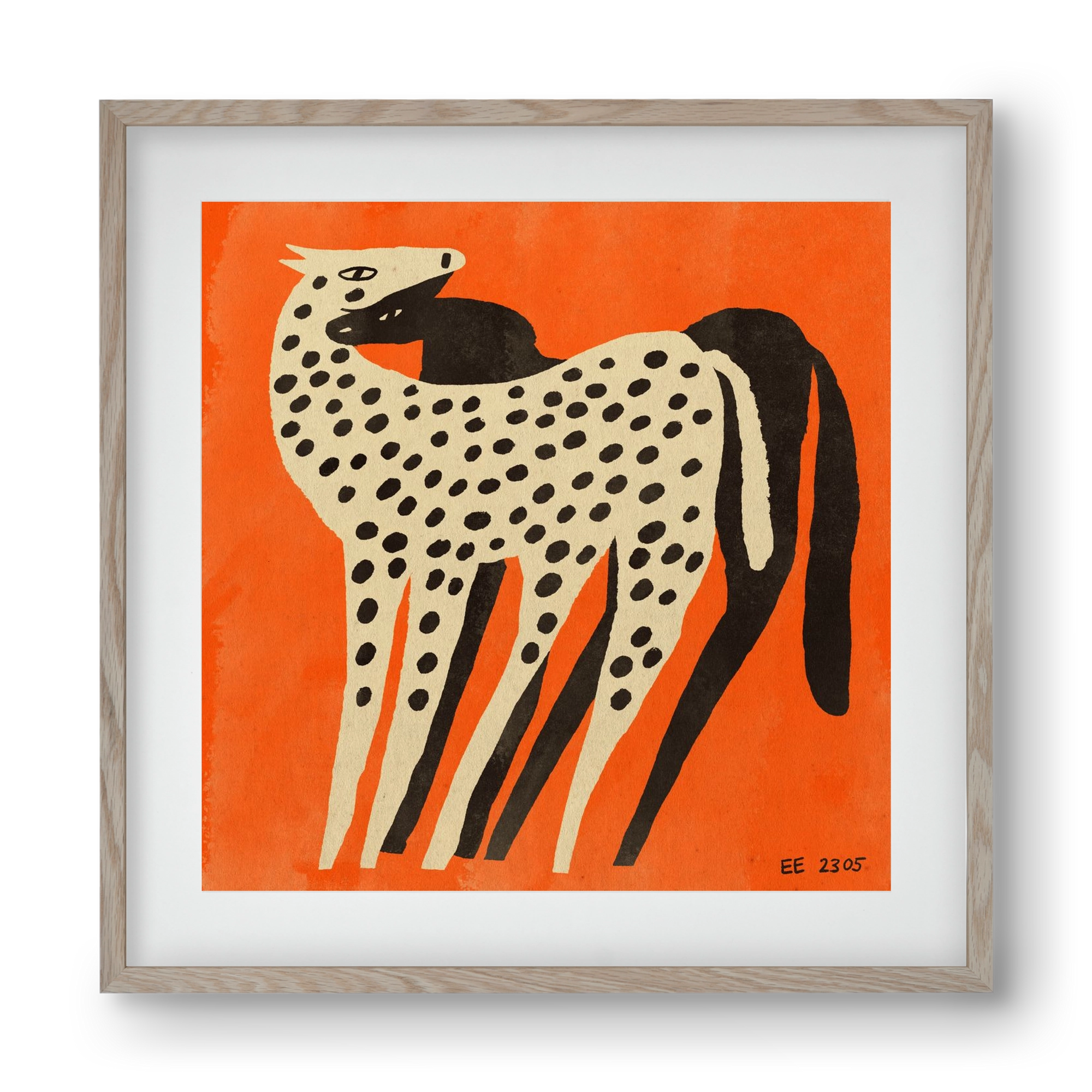 Spotted mare with her foal, 40x40 cm (30x30 cm), Tölgy keret, paszpartuval