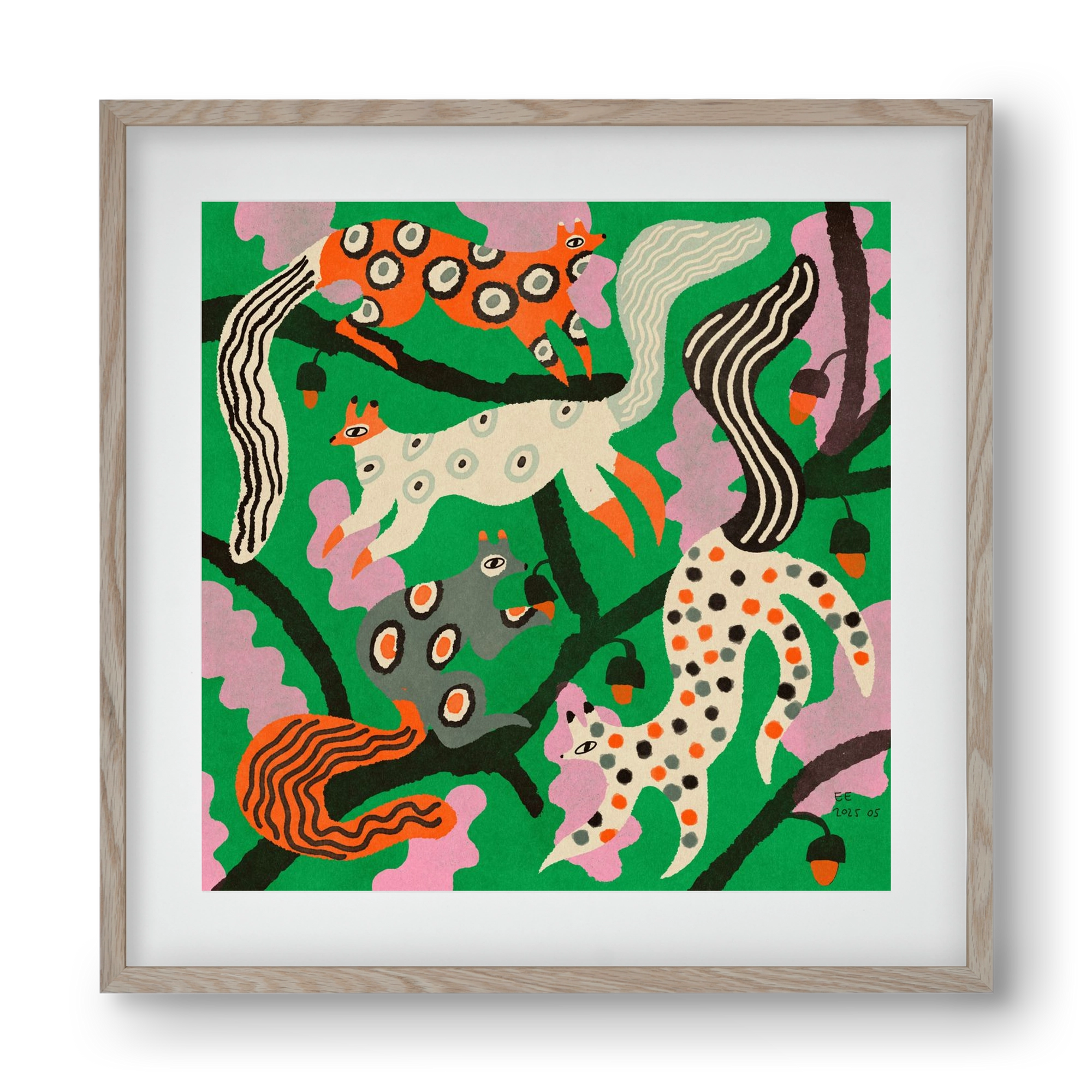 squirrell party 2., 40x40 cm (30x30 cm), Tölgy keret, paszpartuval