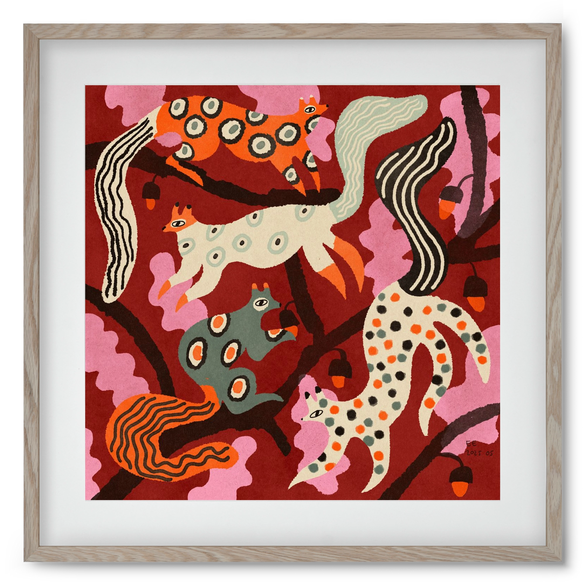 squirrell party 3., 50x50 cm (40x40 cm), Tölgy keret, paszpartuval