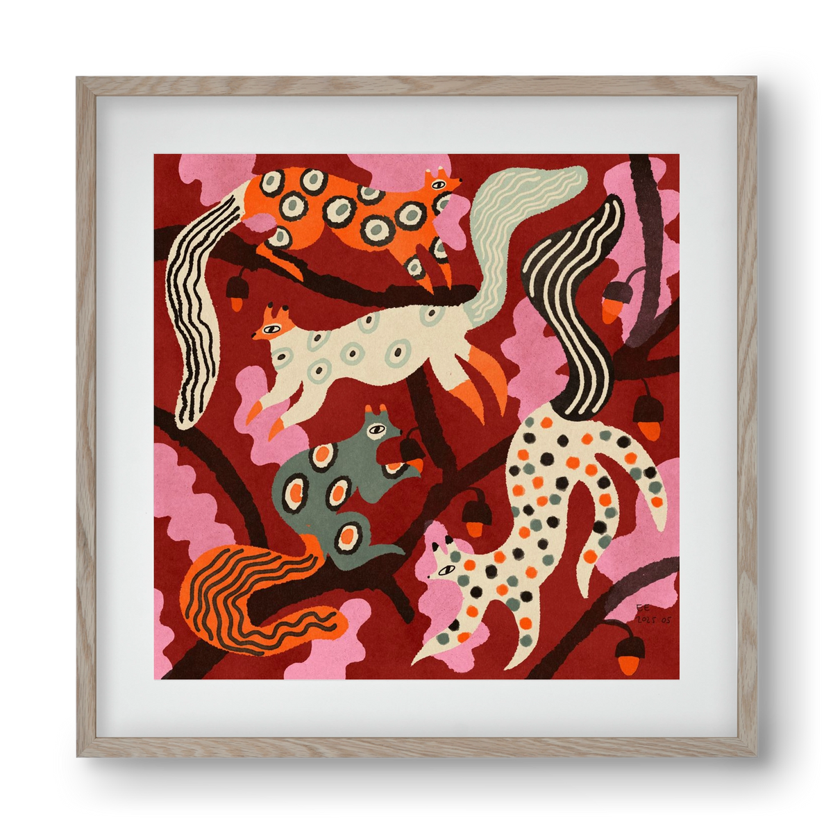 squirrell party 3., 40x40 cm (30x30 cm), Tölgy keret, paszpartuval