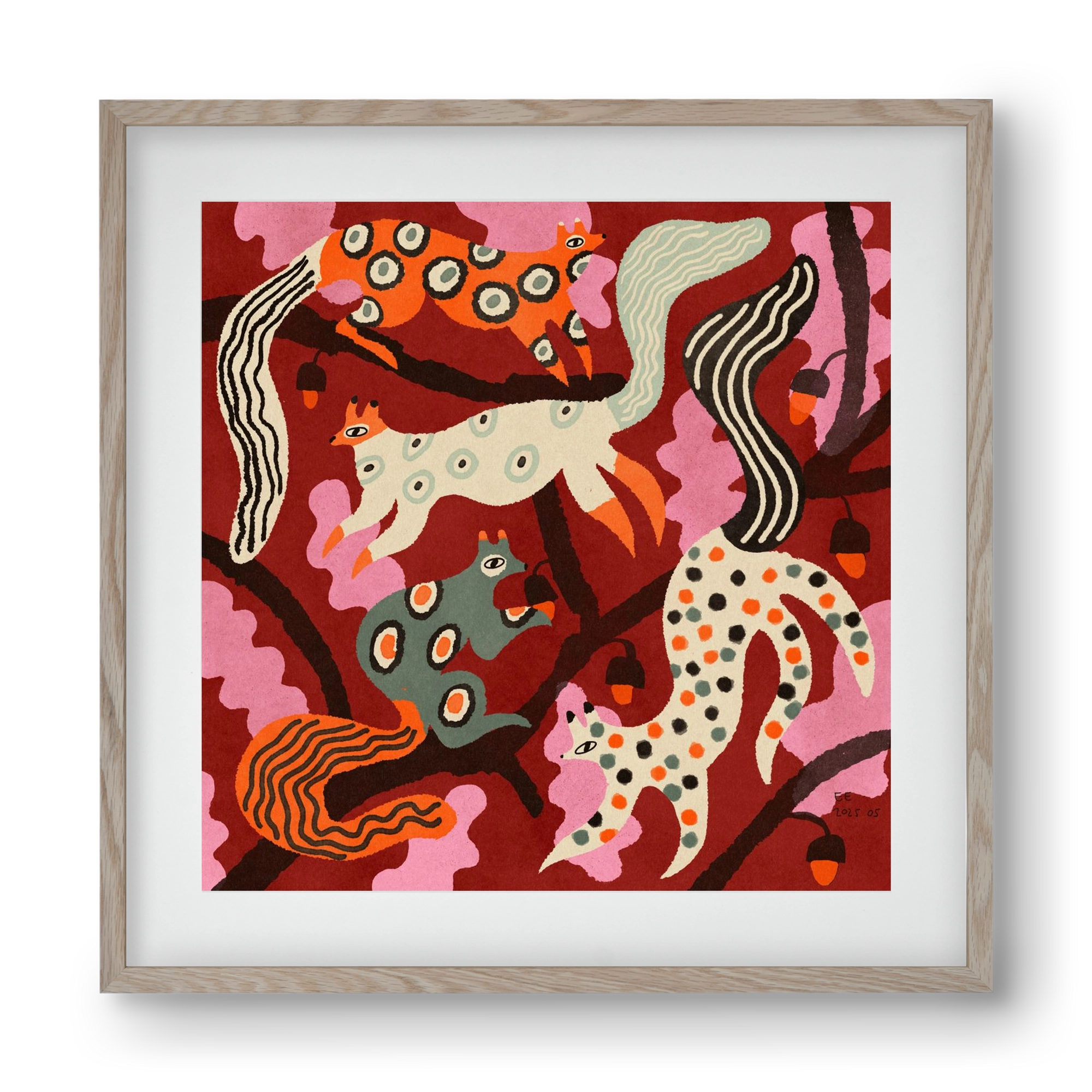 squirrell party 3., 40x40 cm (30x30 cm), Tölgy keret, paszpartuval