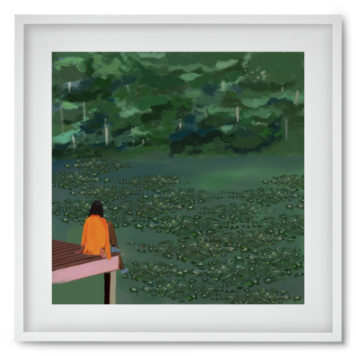 DAYDREAMING AT THE LAKE, 50x50 cm (40x40 cm), Fehér keret, paszpartuval