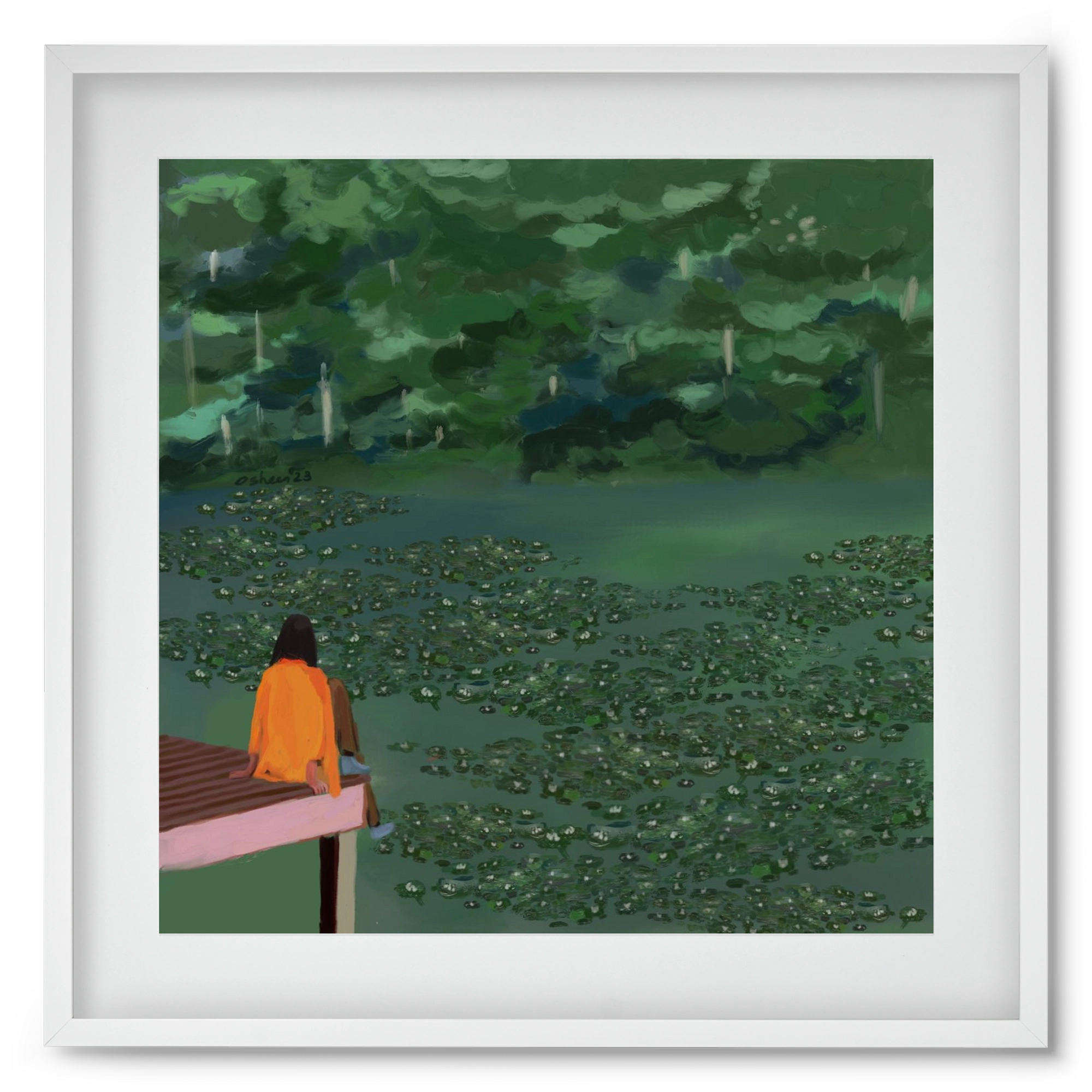 DAYDREAMING AT THE LAKE, 50x50 cm (40x40 cm), Fehér keret, paszpartuval