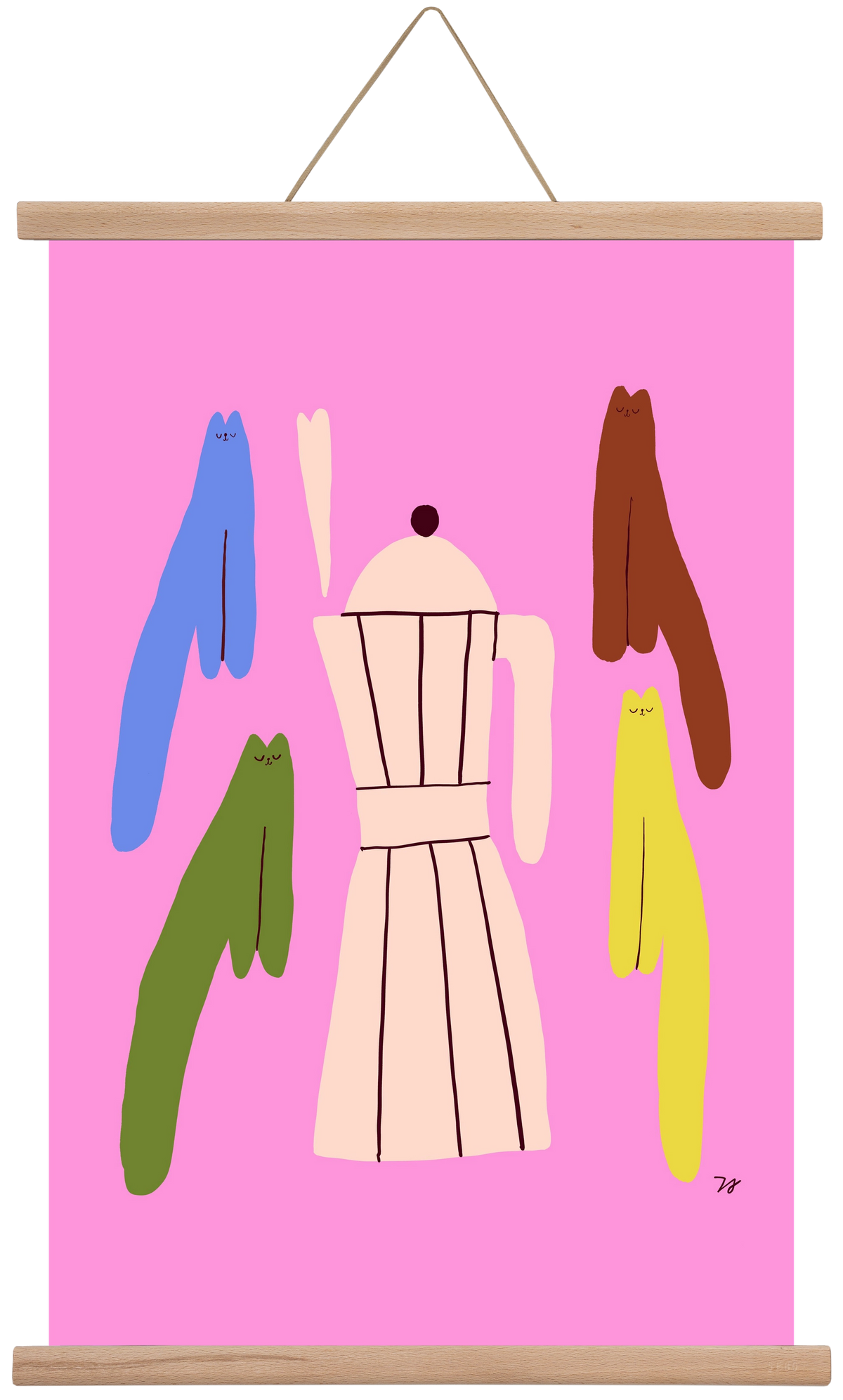 Colorful Cats with Espresso Maker, 40x60 cm (40x60 cm), Tölgy akasztó