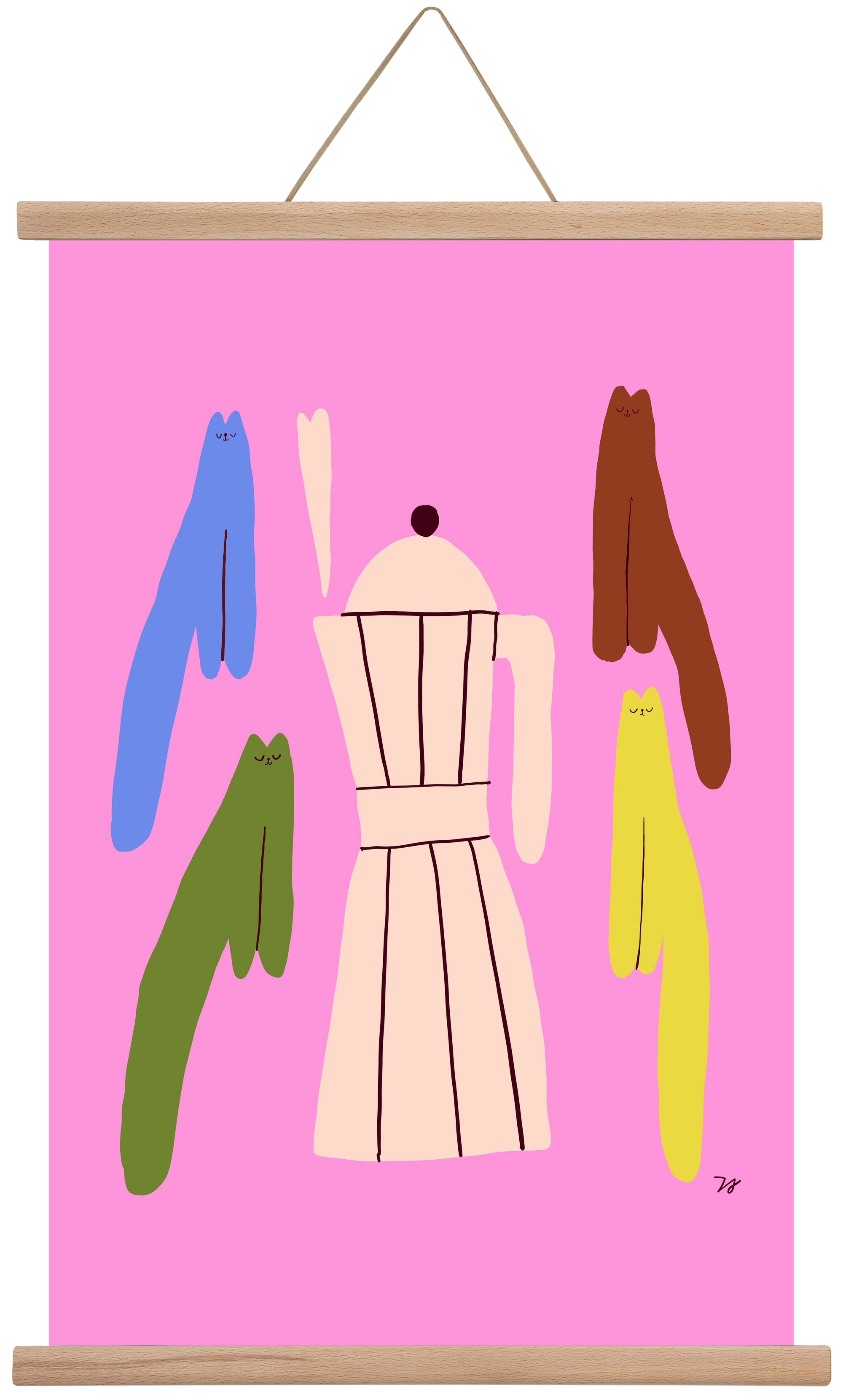 Colorful Cats with Espresso Maker, 40x60 cm (40x60 cm), Tölgy akasztó