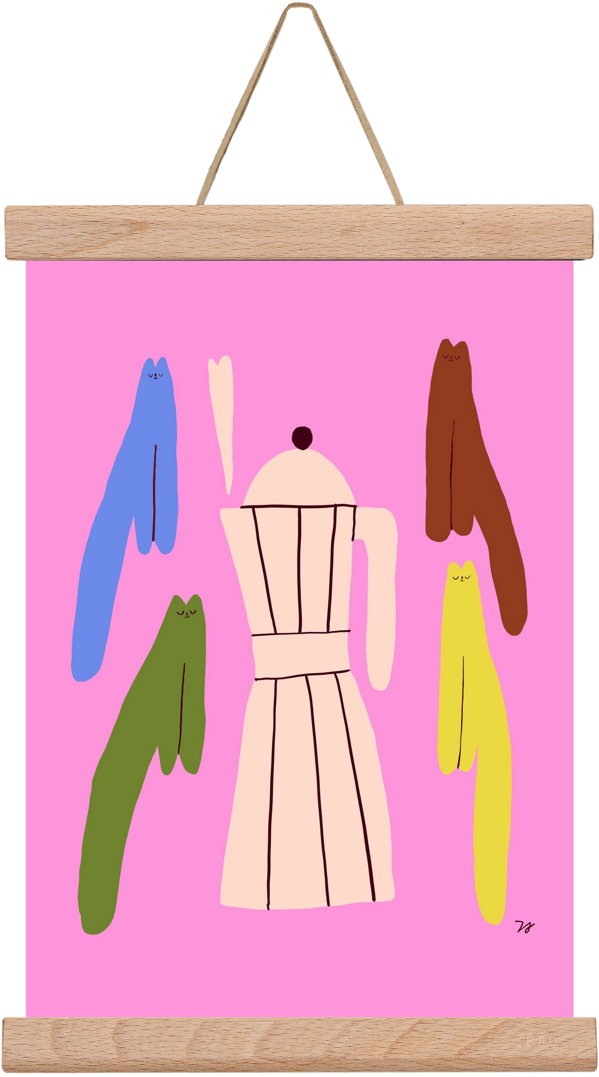 Colorful Cats with Espresso Maker, 20x30 cm (20x30 cm), Tölgy akasztó