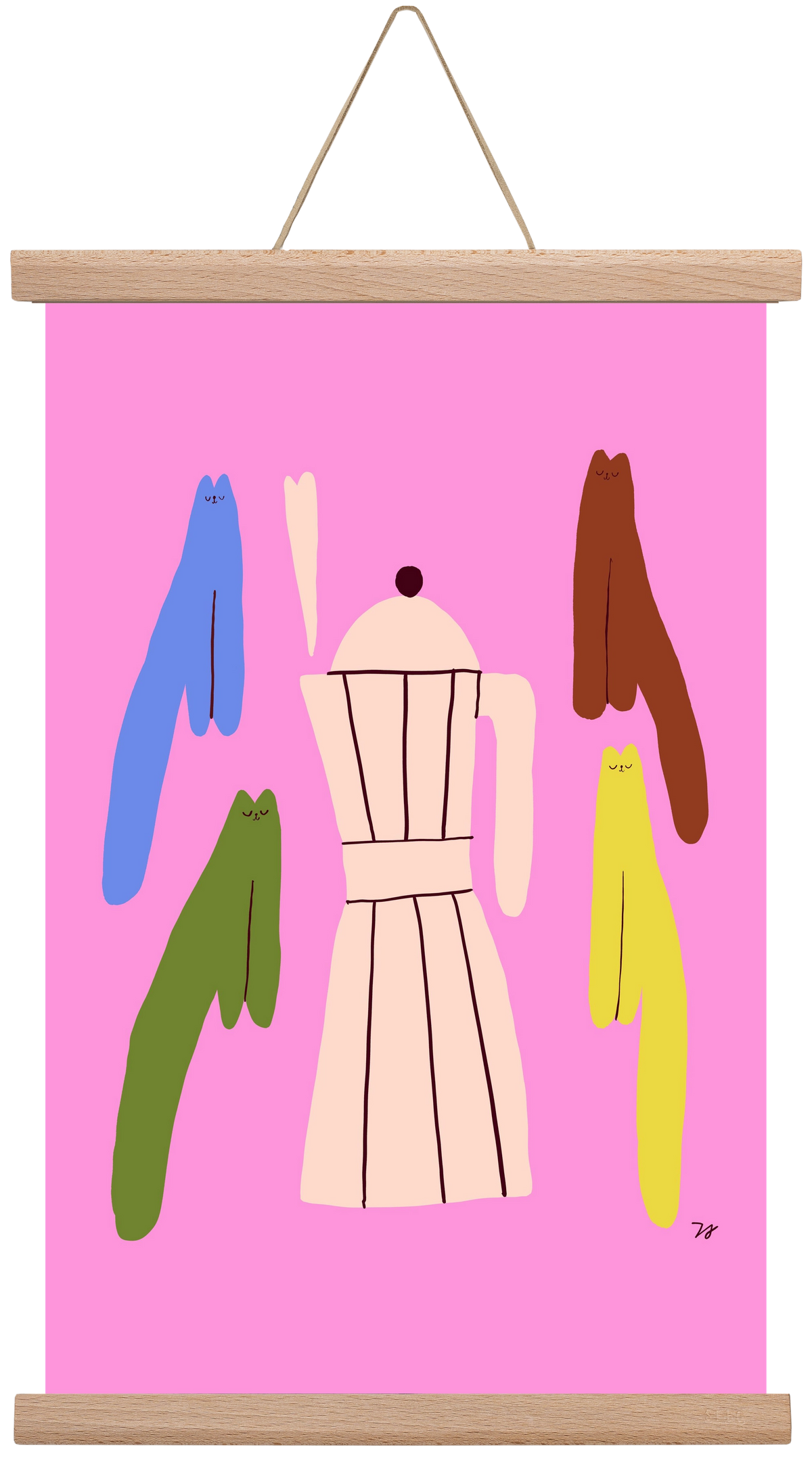 Colorful Cats with Espresso Maker, 30x45 cm (30x45 cm), Tölgy akasztó