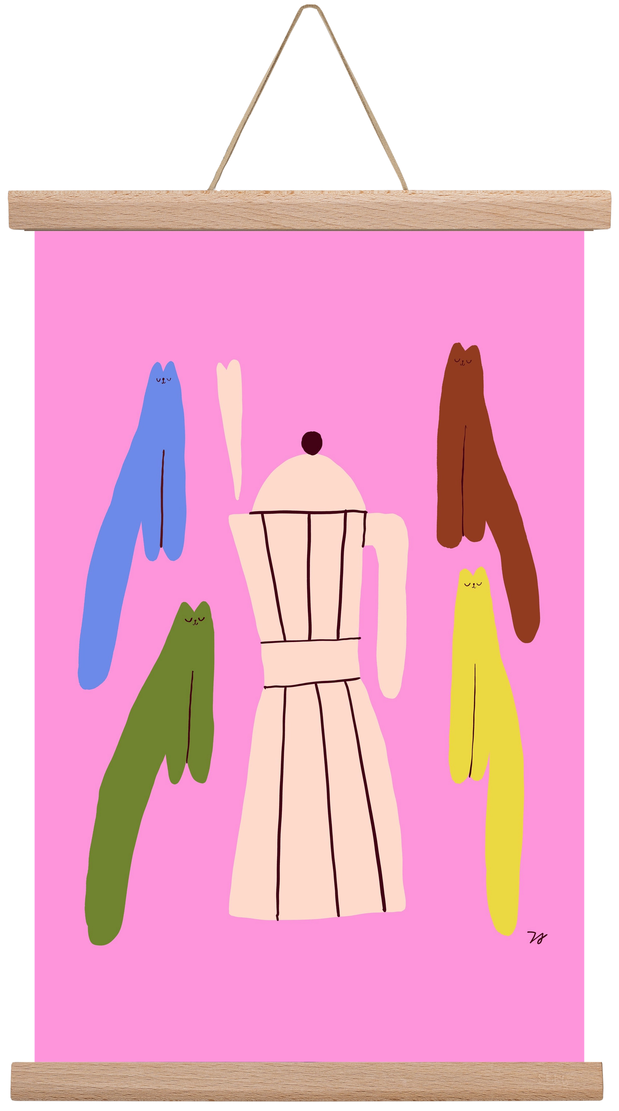 Colorful Cats with Espresso Maker, 30x45 cm (30x45 cm), Tölgy akasztó