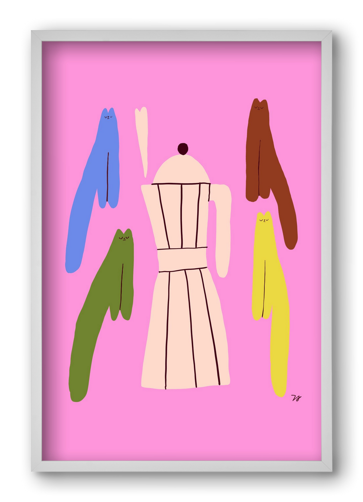 Colorful Cats with Espresso Maker, 40x60 cm (40x60 cm), Fehér keret