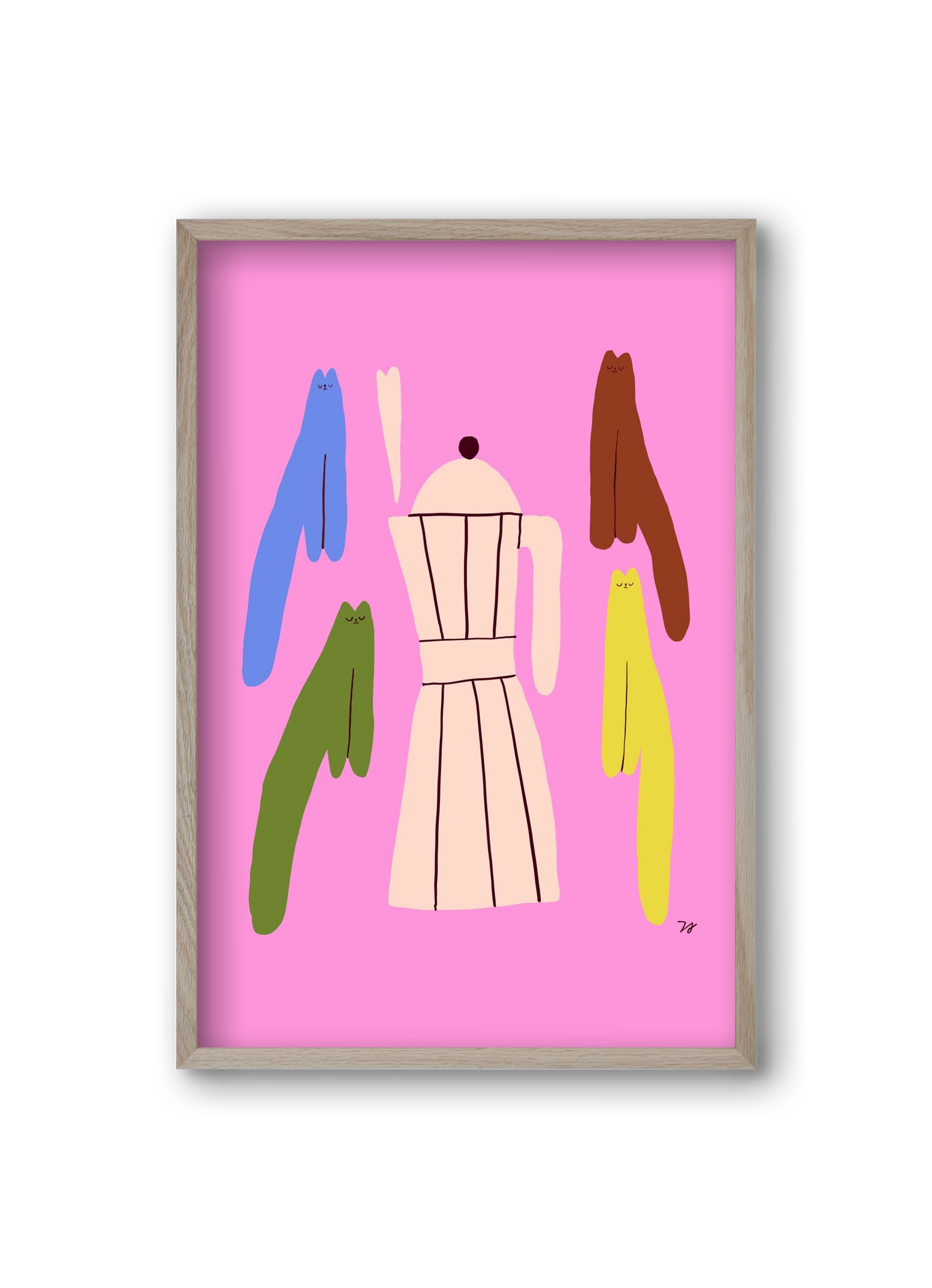 Colorful Cats with Espresso Maker, 20x30 cm (20x30 cm), Tölgy keret