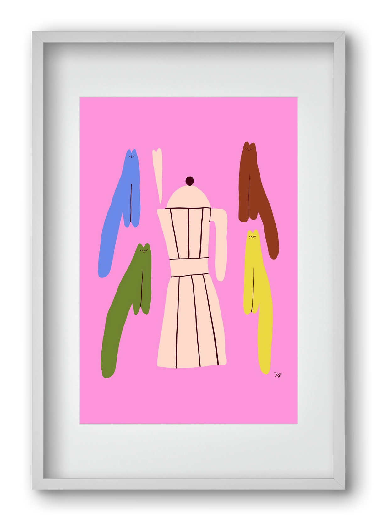 Colorful Cats with Espresso Maker, 40x60 cm (30x45 cm), Fehér keret, paszpartuval