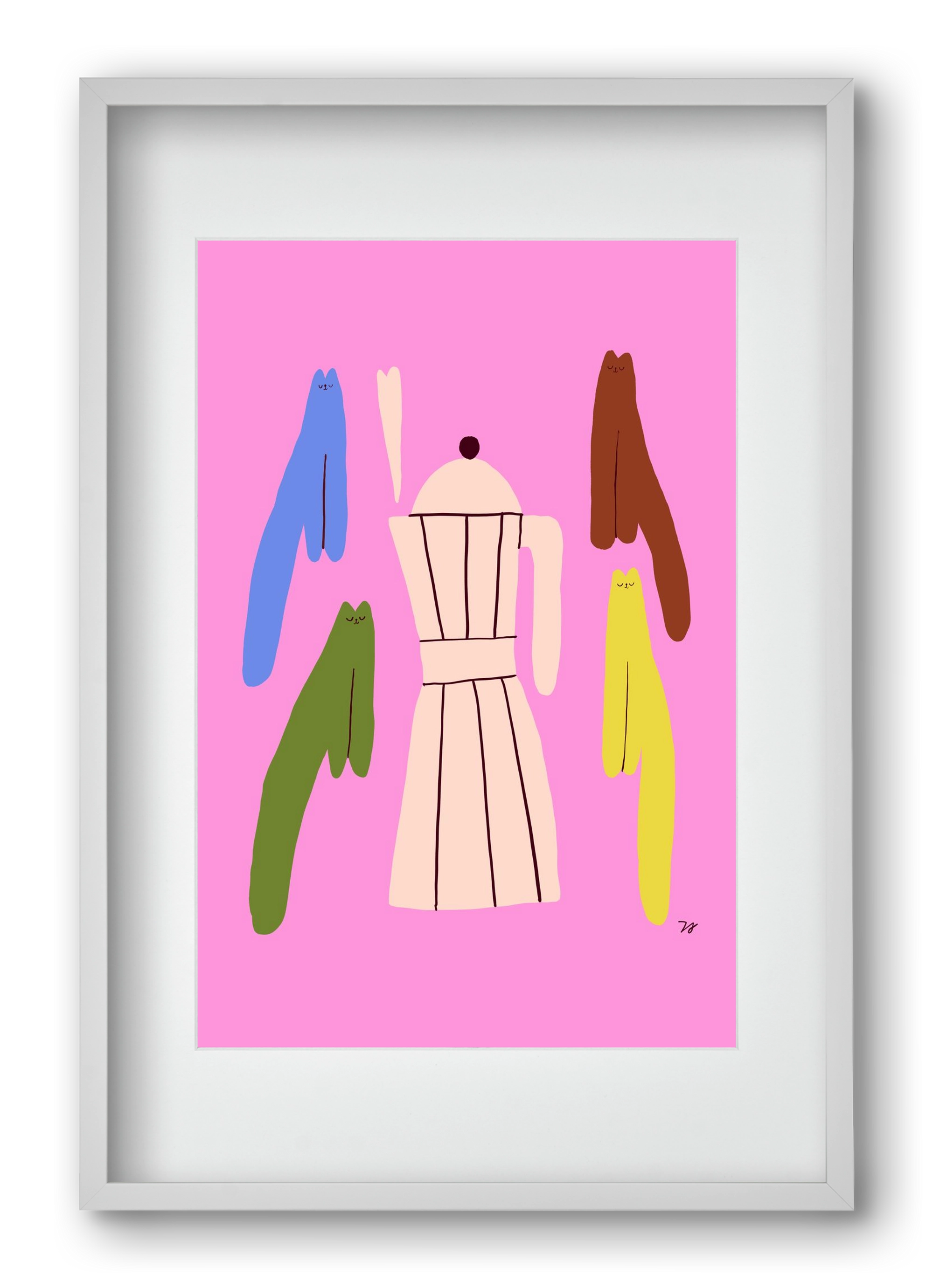 Colorful Cats with Espresso Maker, 40x60 cm (30x45 cm), Fehér keret, paszpartuval