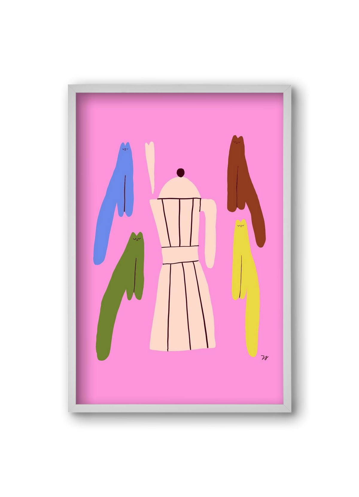 Colorful Cats with Espresso Maker, 20x30 cm (20x30 cm), Fehér keret