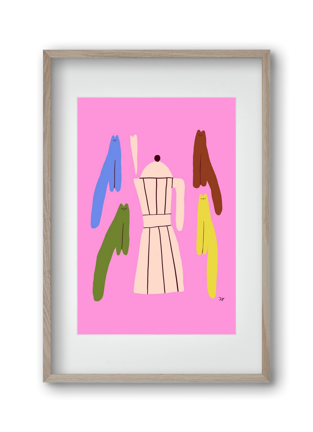 Colorful Cats with Espresso Maker, 30x45 cm (20x30 cm), Tölgy keret, paszpartuval