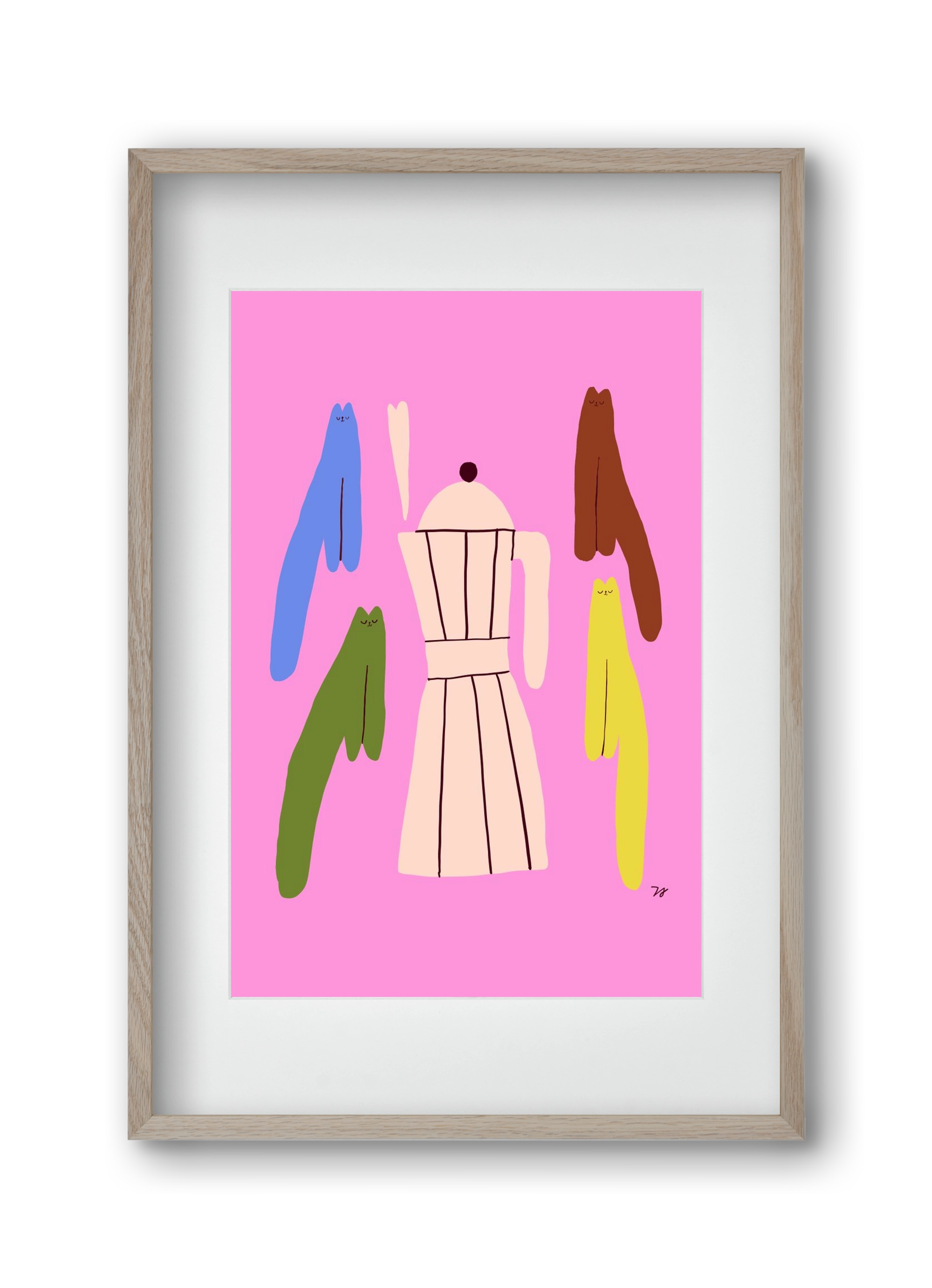 Colorful Cats with Espresso Maker, 30x45 cm (20x30 cm), Tölgy keret, paszpartuval