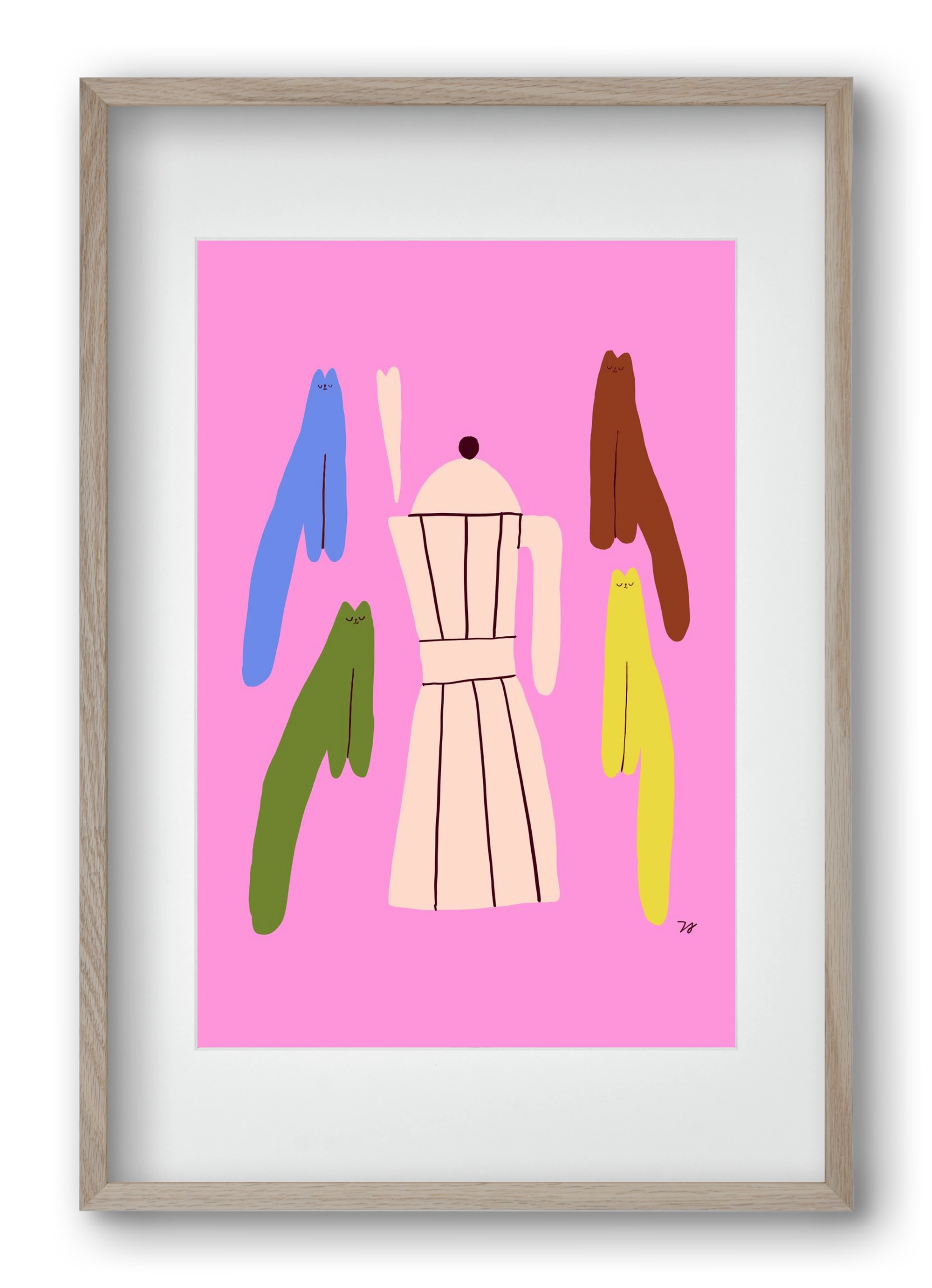 Colorful Cats with Espresso Maker, 40x60 cm (30x45 cm), Tölgy keret, paszpartuval