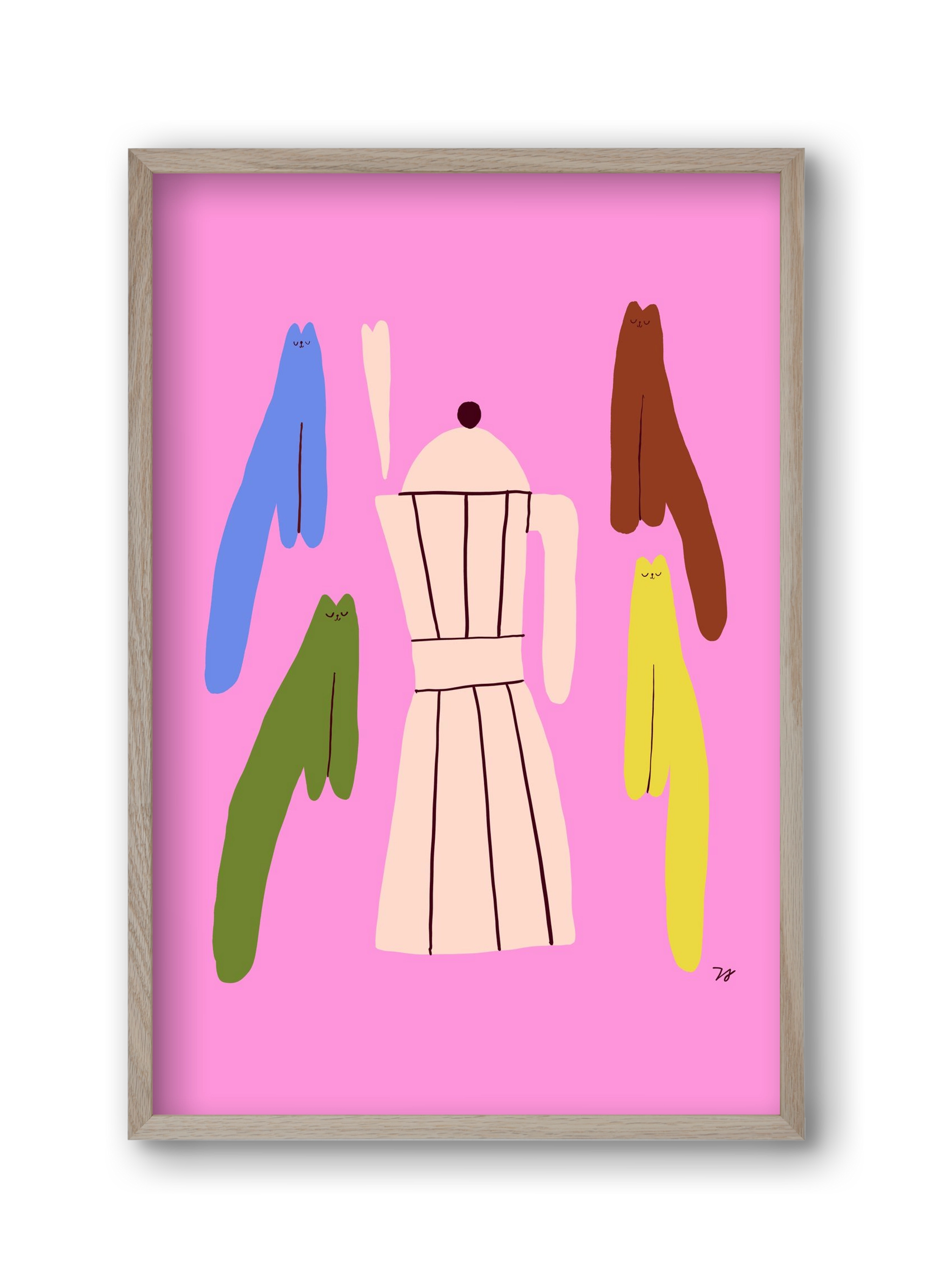 Colorful Cats with Espresso Maker, 30x45 cm (30x45 cm), Tölgy keret