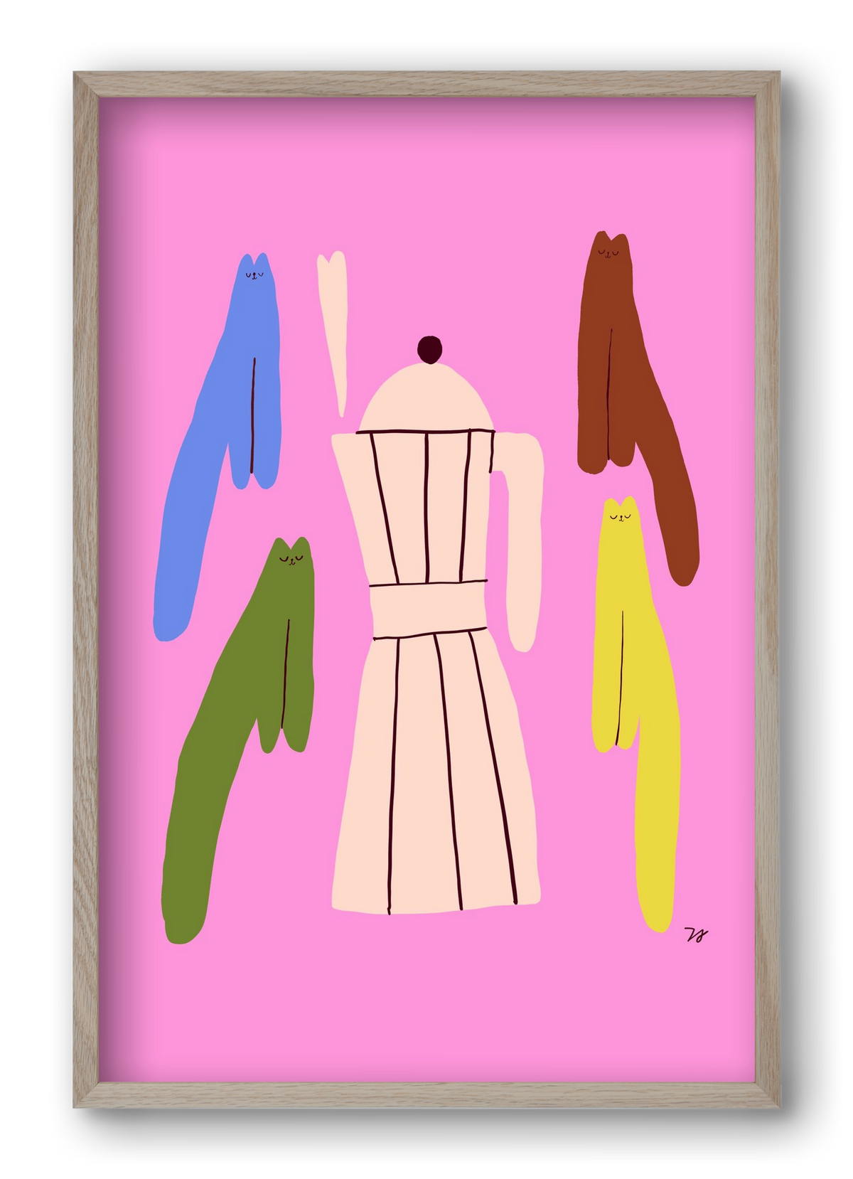 Colorful Cats with Espresso Maker, 40x60 cm (40x60 cm), Tölgy keret