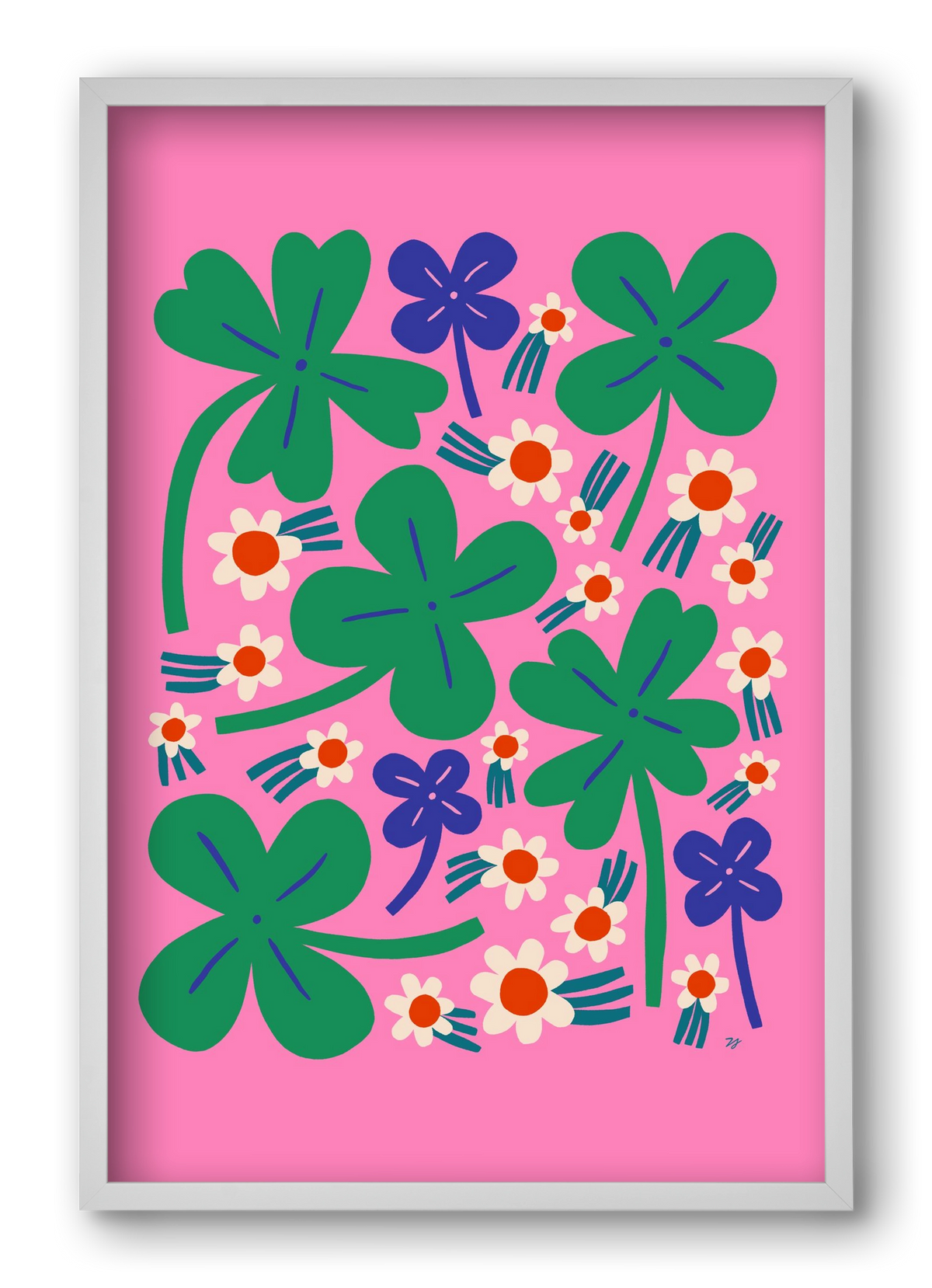 Happy Clovers and Flowers , 40x60 cm (40x60 cm), Fehér keret