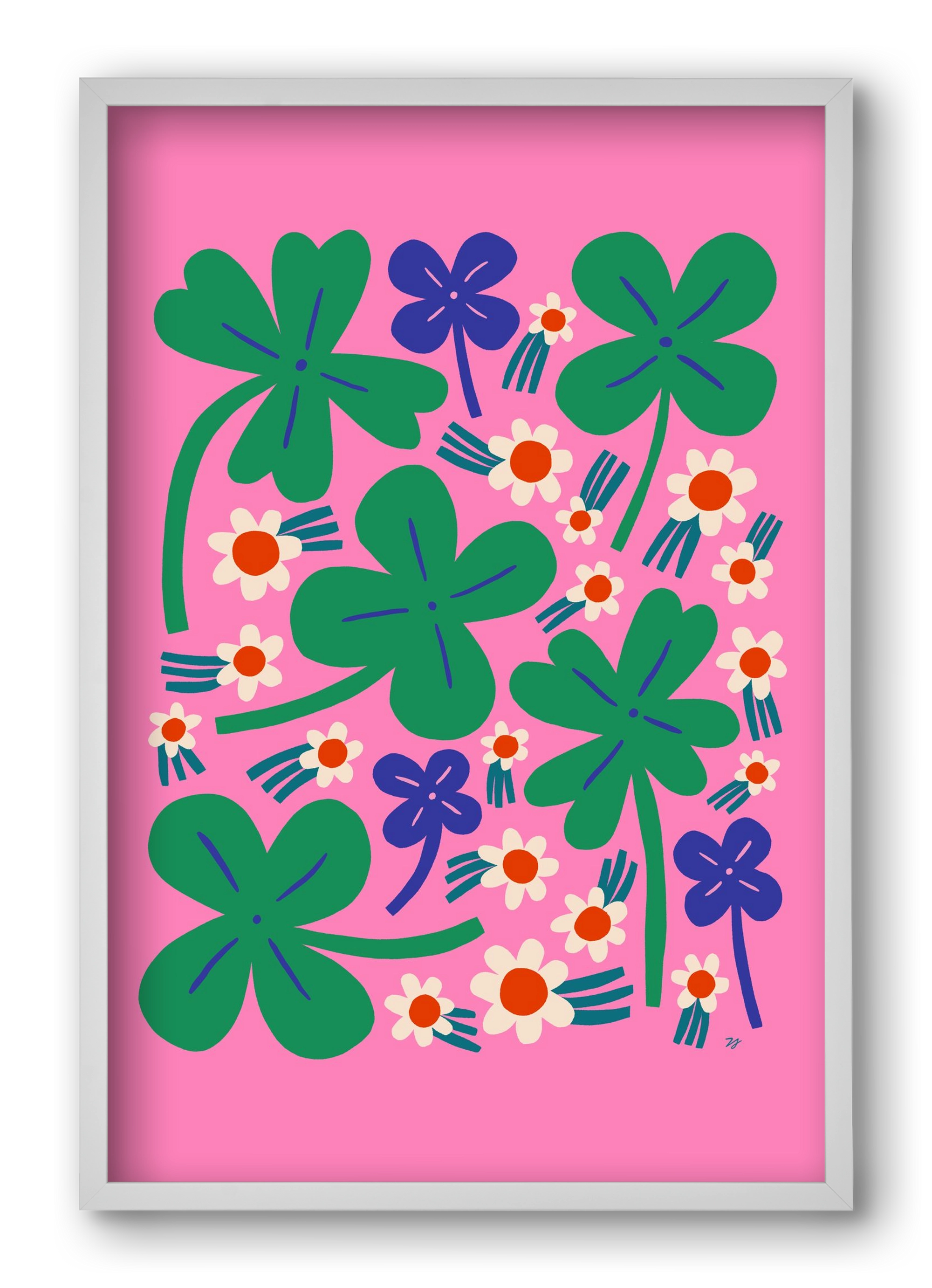 Happy Clovers and Flowers , 40x60 cm (40x60 cm), Fehér keret