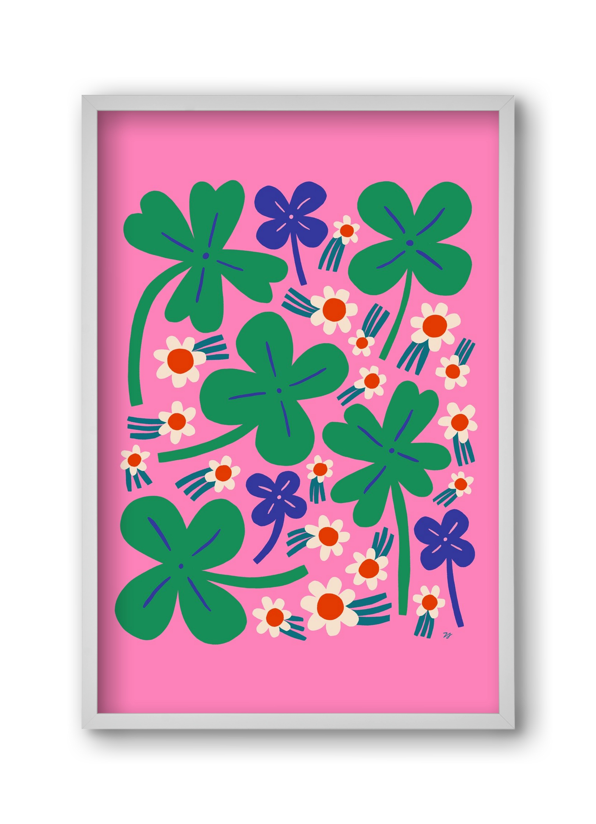 Happy Clovers and Flowers , 30x45 cm (30x45 cm), Fehér keret