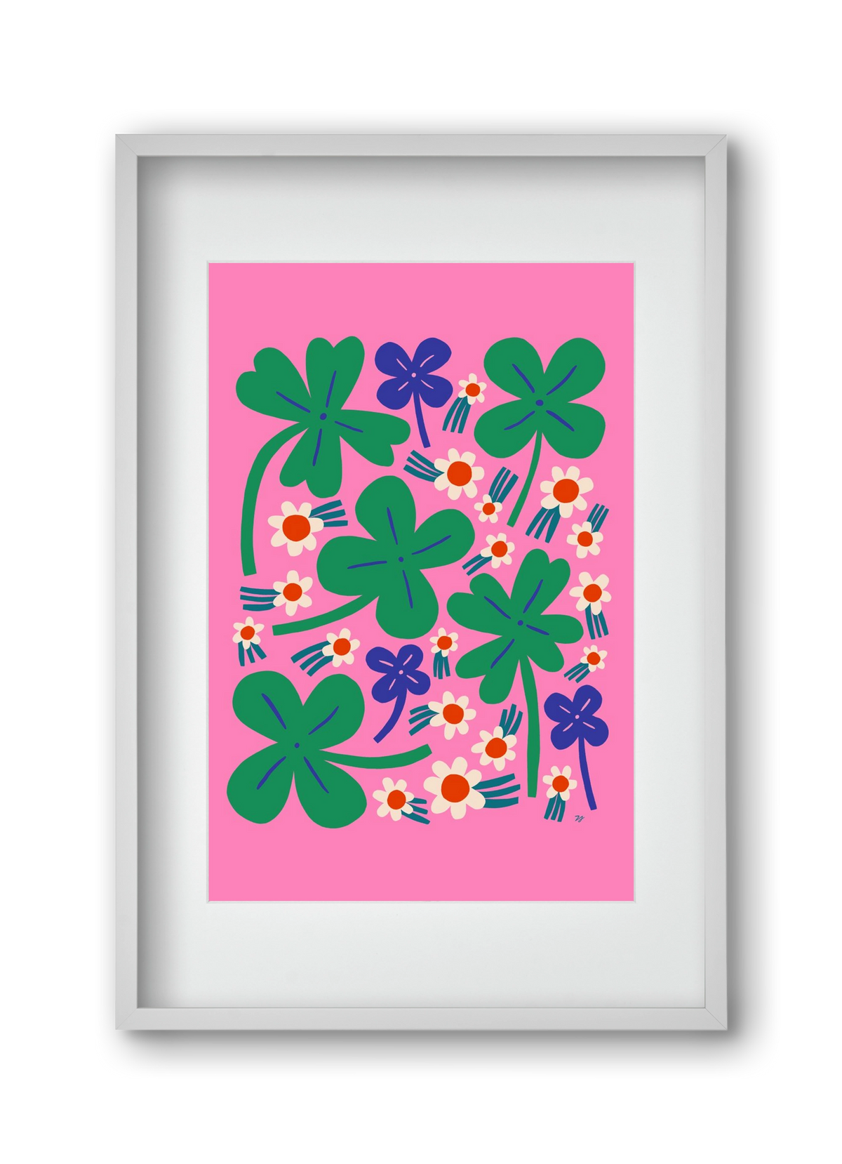 Happy Clovers and Flowers , 30x45 cm (20x30 cm), Fehér keret, paszpartuval