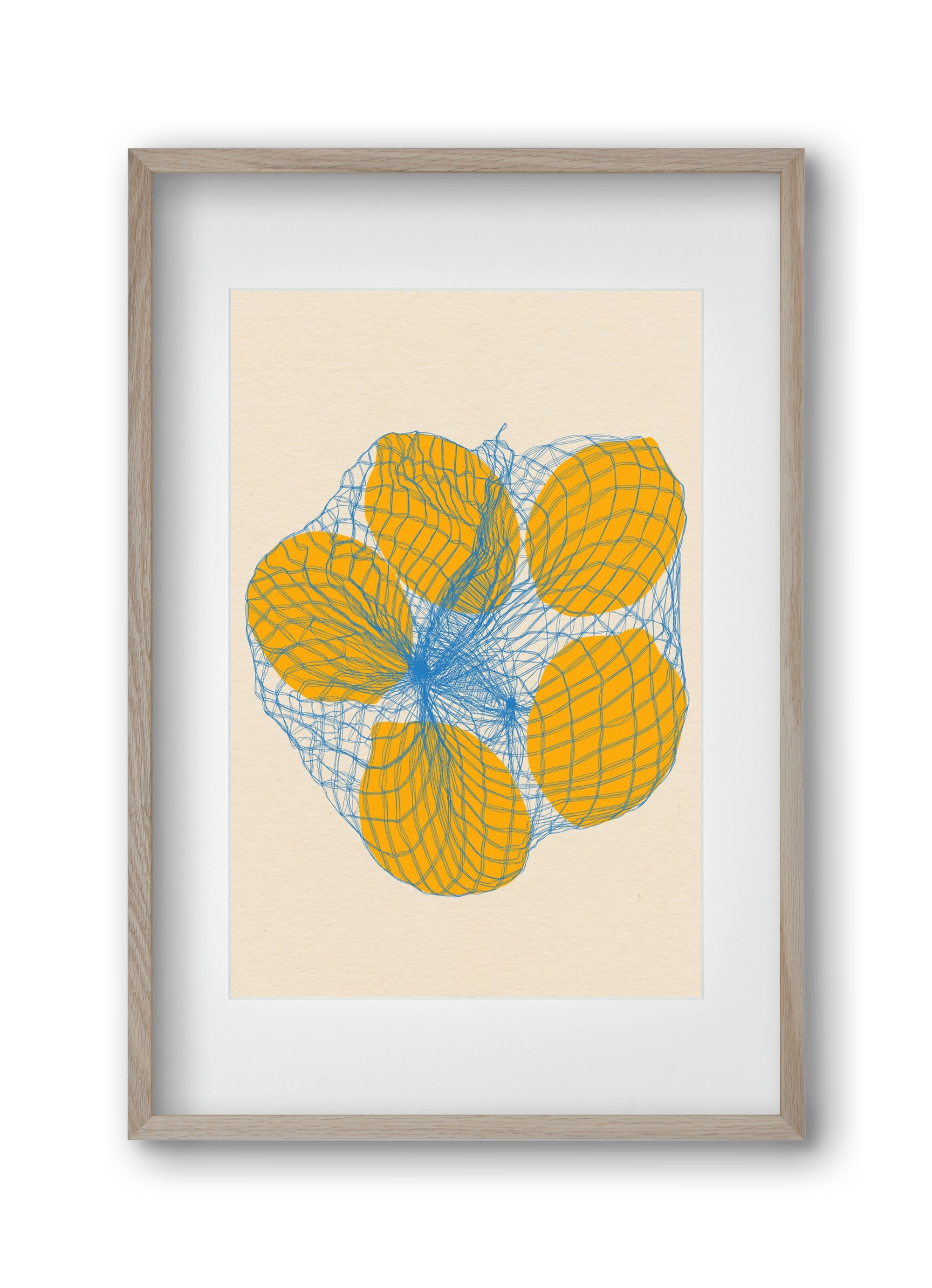five lemons in a net bag, 30x45 cm (20x30 cm), Tölgy keret, paszpartuval