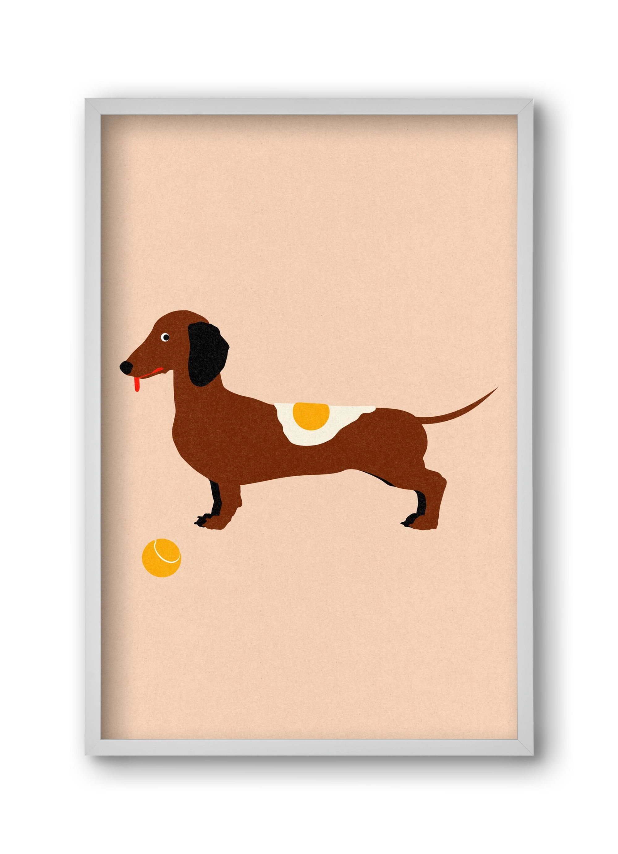 Dachshund With Tennisball and Fried Egg, 30x45 cm (30x45 cm), Fehér keret