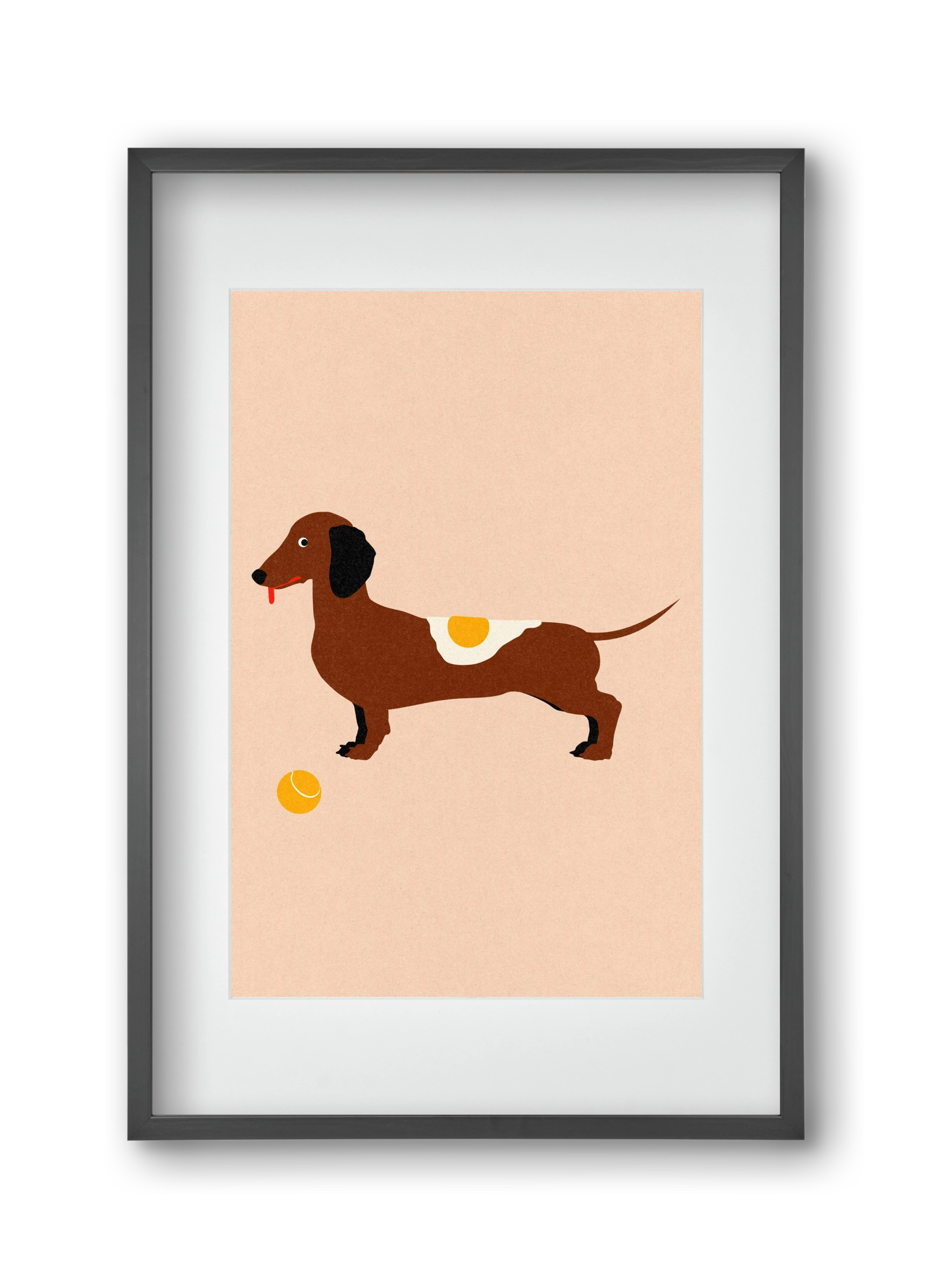 Dachshund With Tennisball and Fried Egg, 30x45 cm (20x30 cm), Fekete keret, paszpartuval