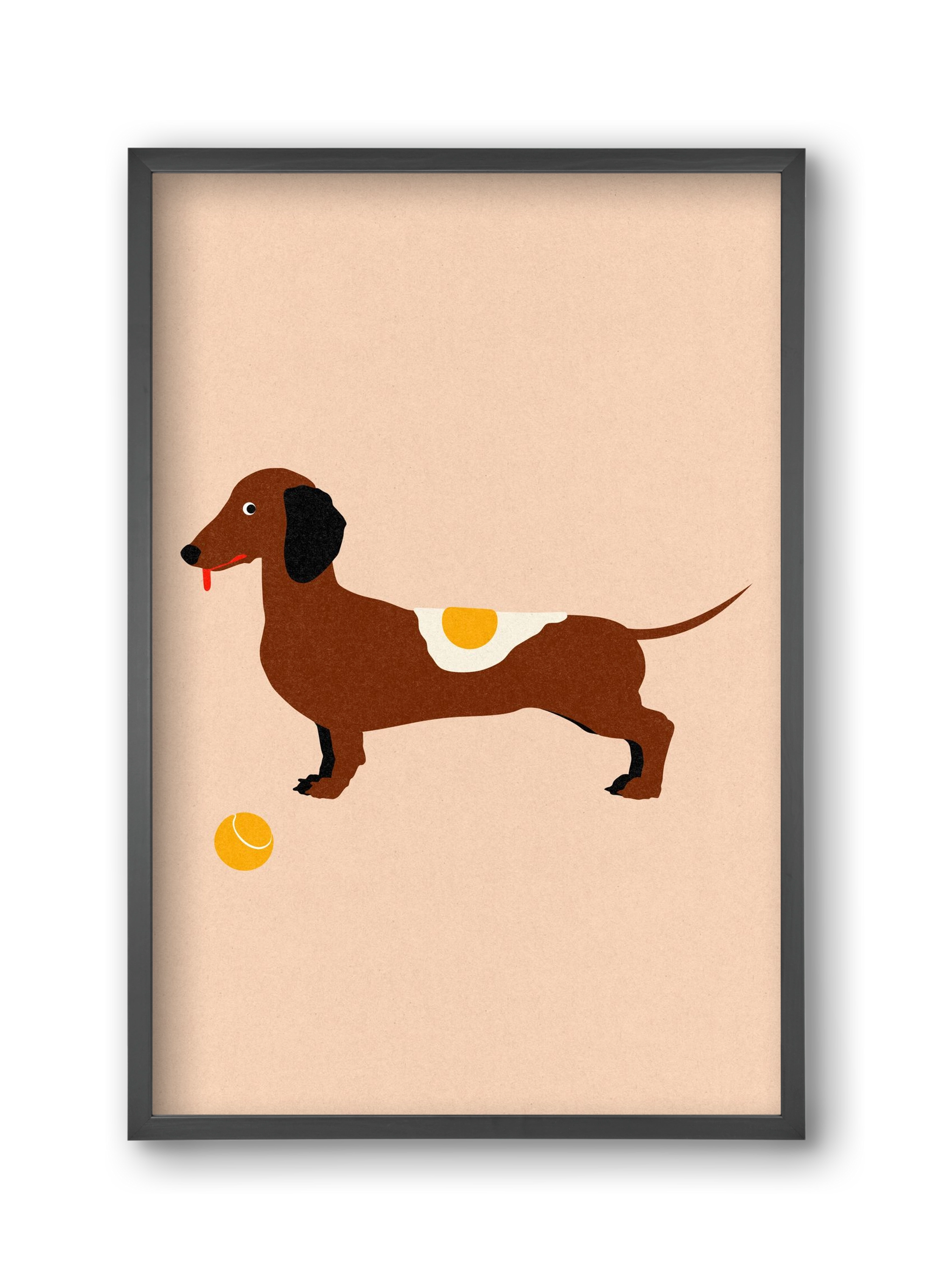 Dachshund With Tennisball and Fried Egg, 30x45 cm (30x45 cm), Fekete keret